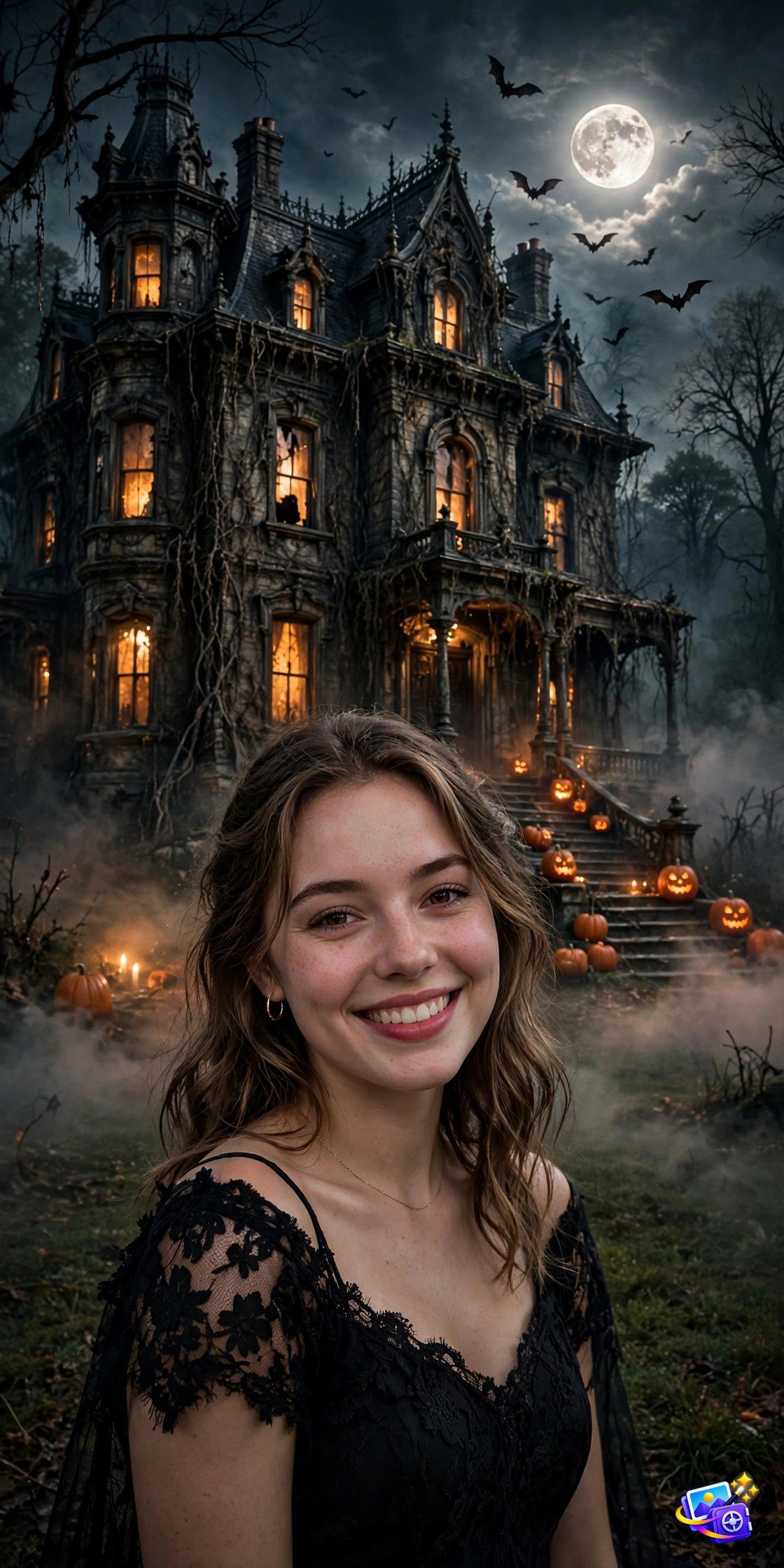 Woman portrait with background swapped to a haunted Victorian mansion with glowing windows and bats, Halloween AI photo prompt example