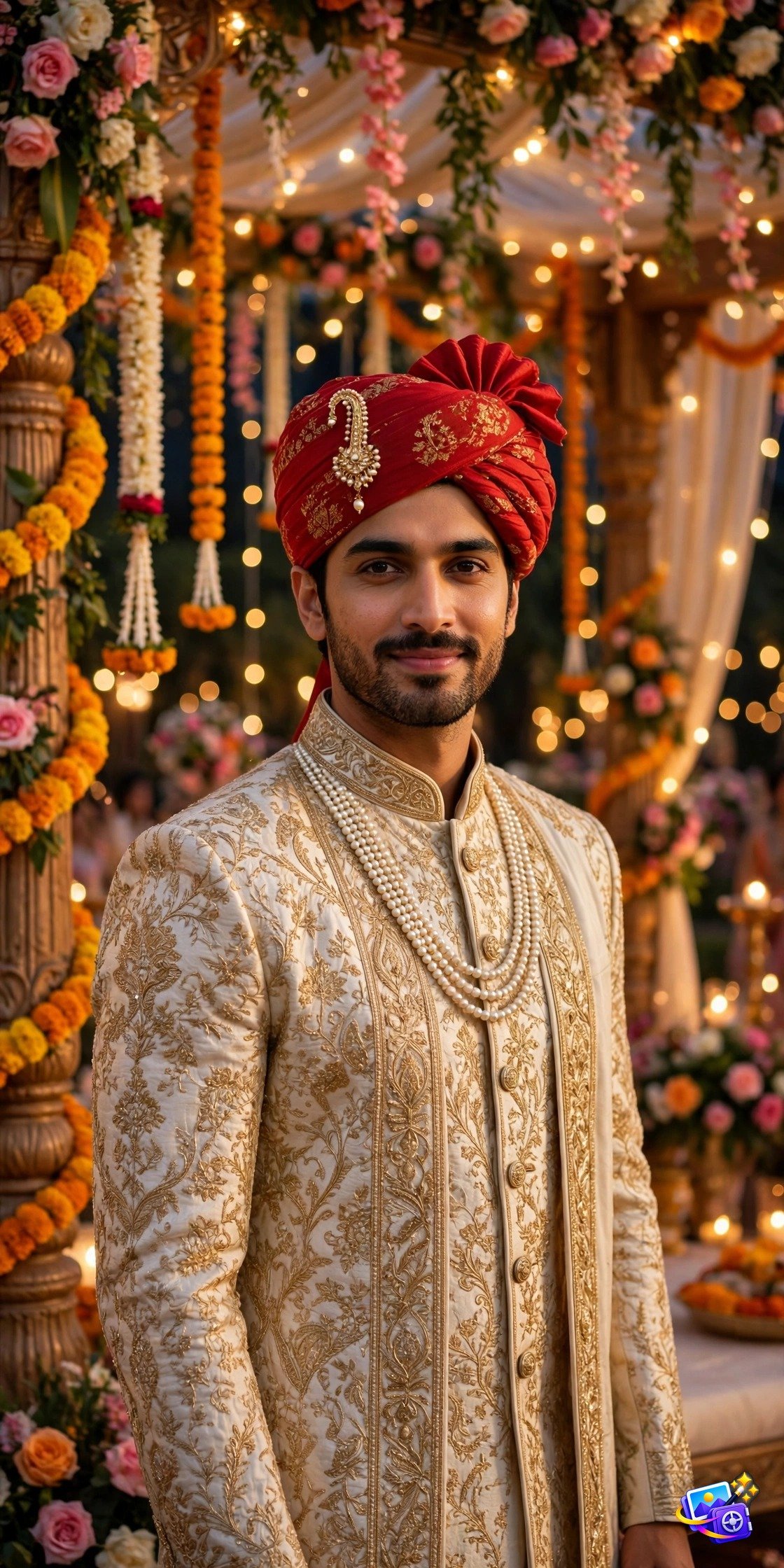 Indian groom in an ivory sherwani with red safa turban in a marigold decorated wedding mandap, bollywood style ai photo prompts example