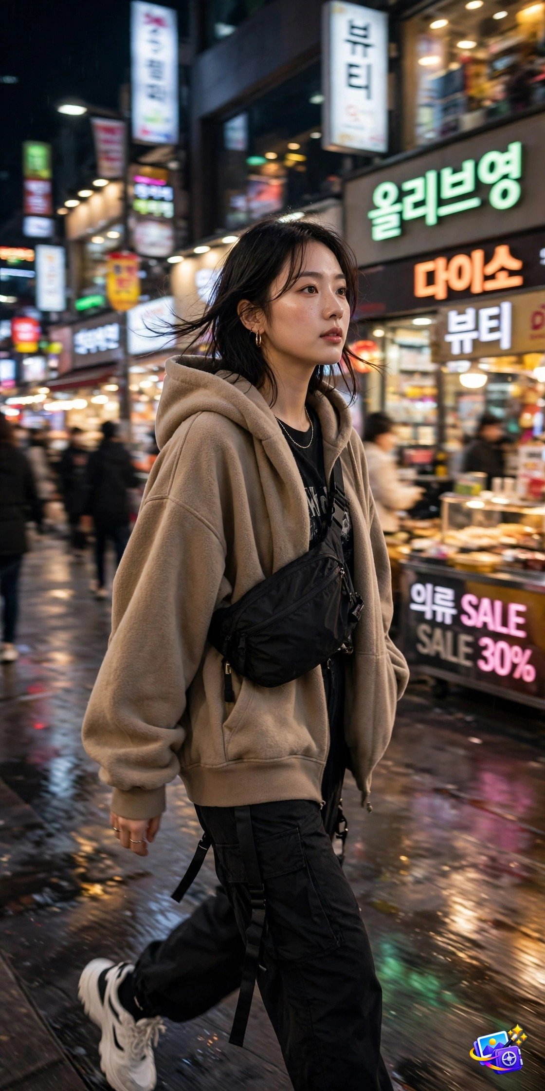 Stylish young Korean woman in streetwear walking through Myeongdong at night, k-drama style photo prompts example