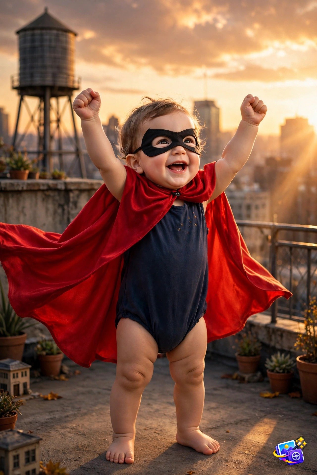 Baby in red superhero cape with mask at sunset, fun Gemini baby photoshoot prompt result