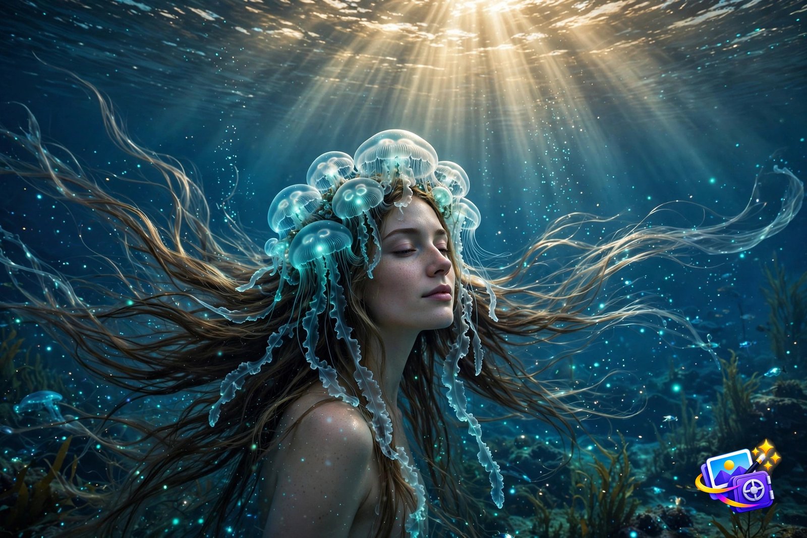 Underwater ethereal portrait created with a cool AI image prompt, woman with a glowing jellyfish crown