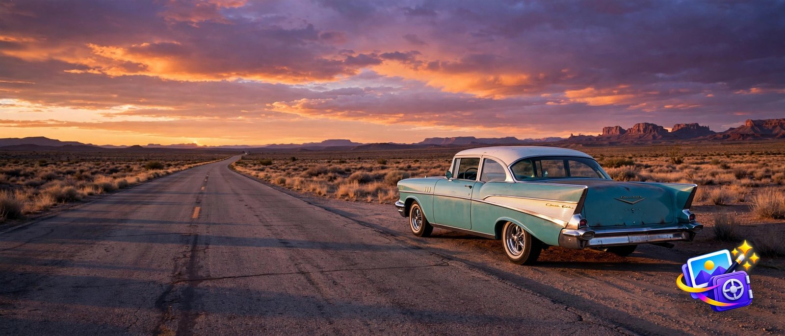 Vintage car at desert sunset created with a good AI image prompt, orange and purple sky