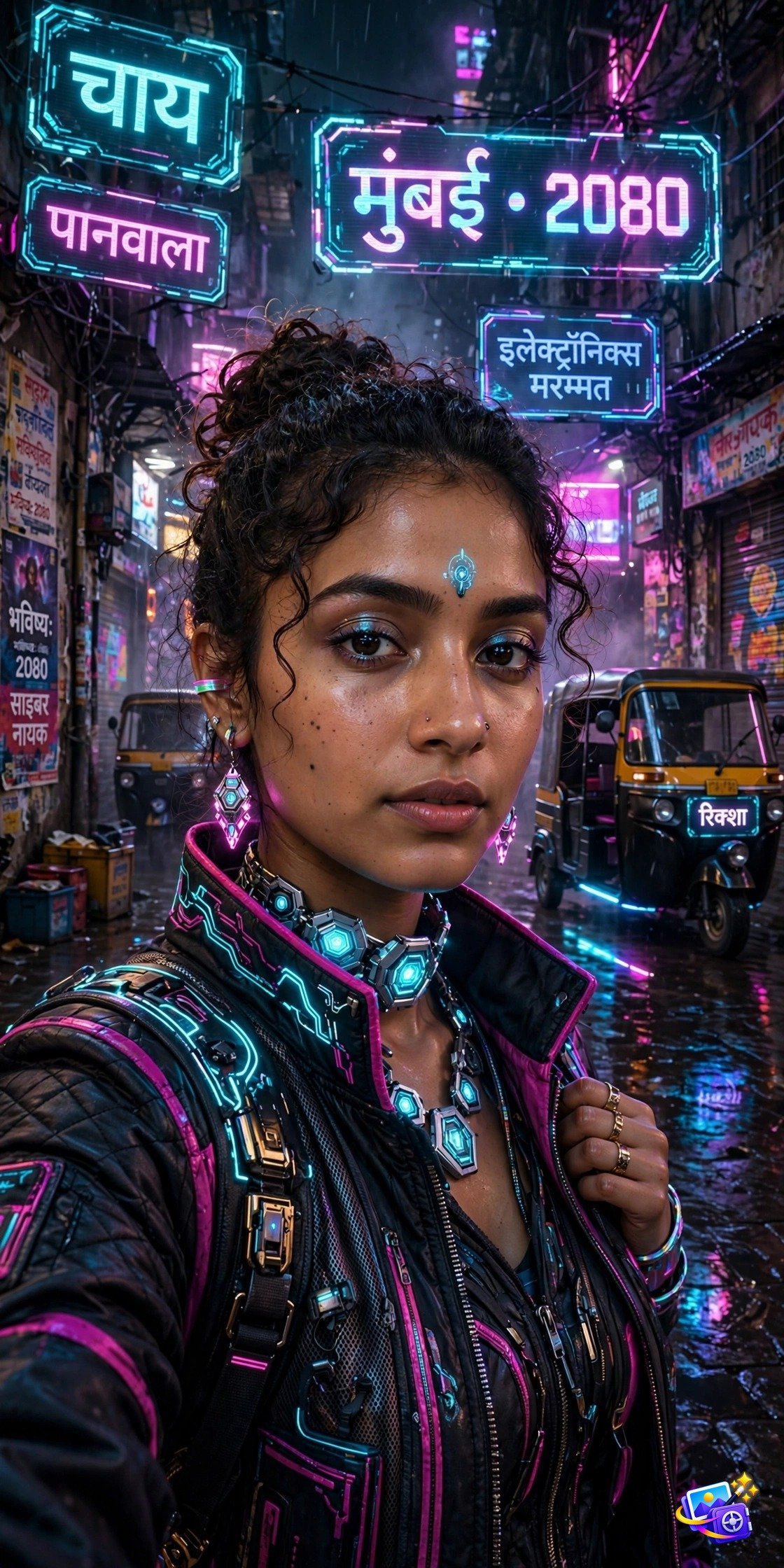 Young Indian woman in futuristic fashion with glowing jewelry in a neon Mumbai alley, bollywood style ai photo prompts example