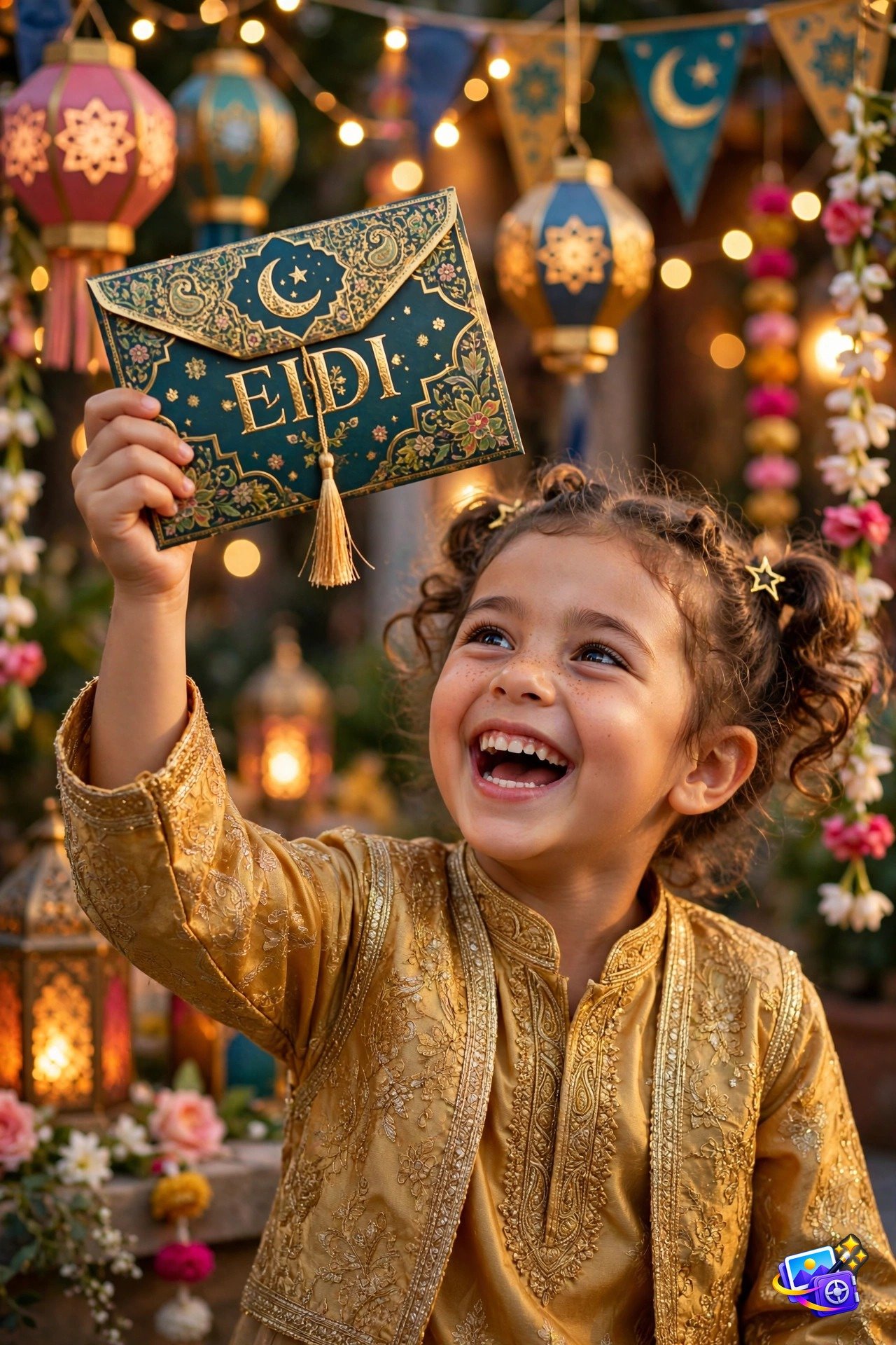 Happy child in golden outfit holding a decorated Eidi envelope, joyful Eid AI photo prompt