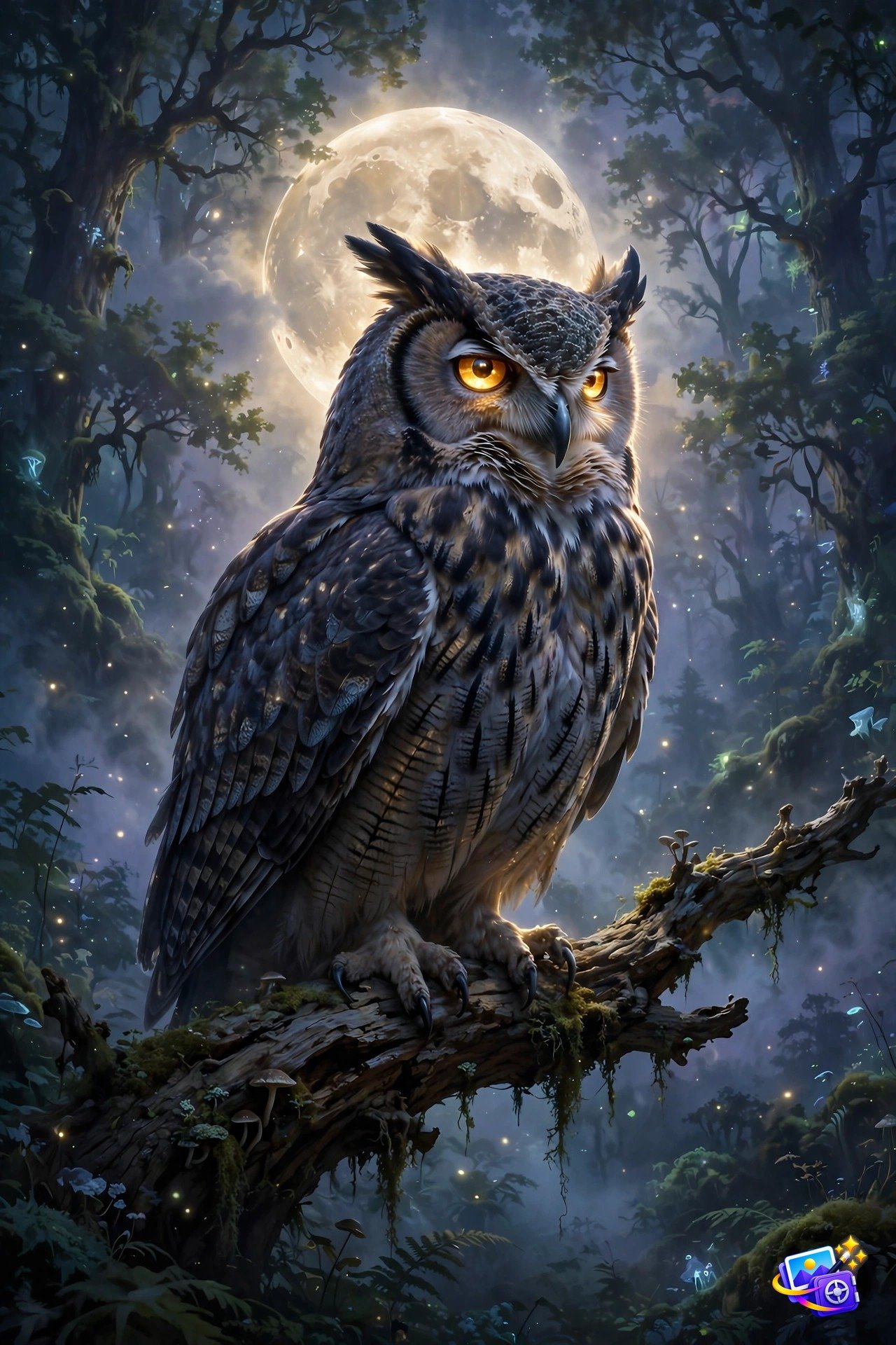 Fantasy owl digital painting made with a good AI image prompt, glowing eyes under a full moon