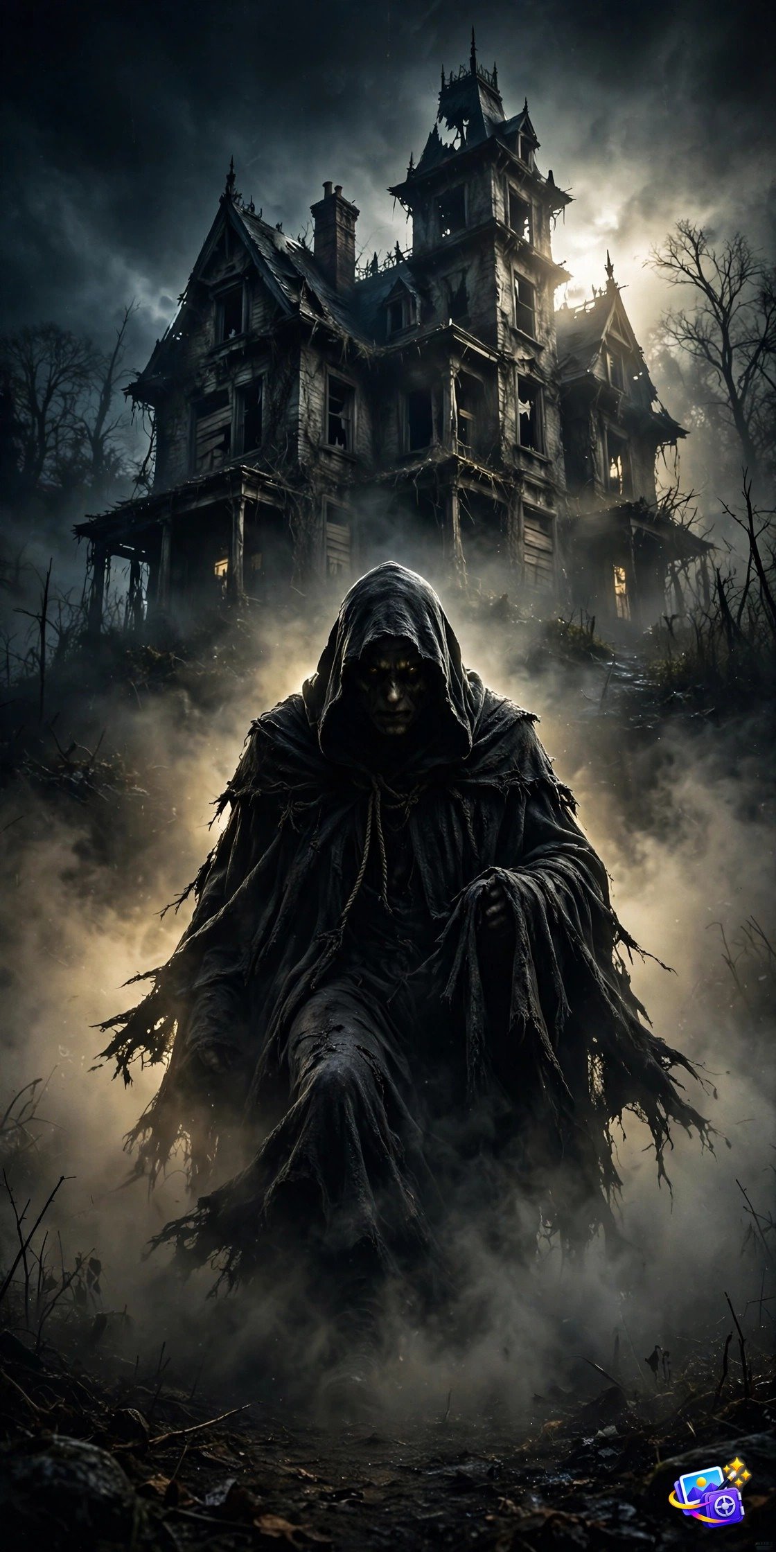 Sinister cloaked figure in fog before a haunted house, horror movie poster style, Halloween AI photo prompt example