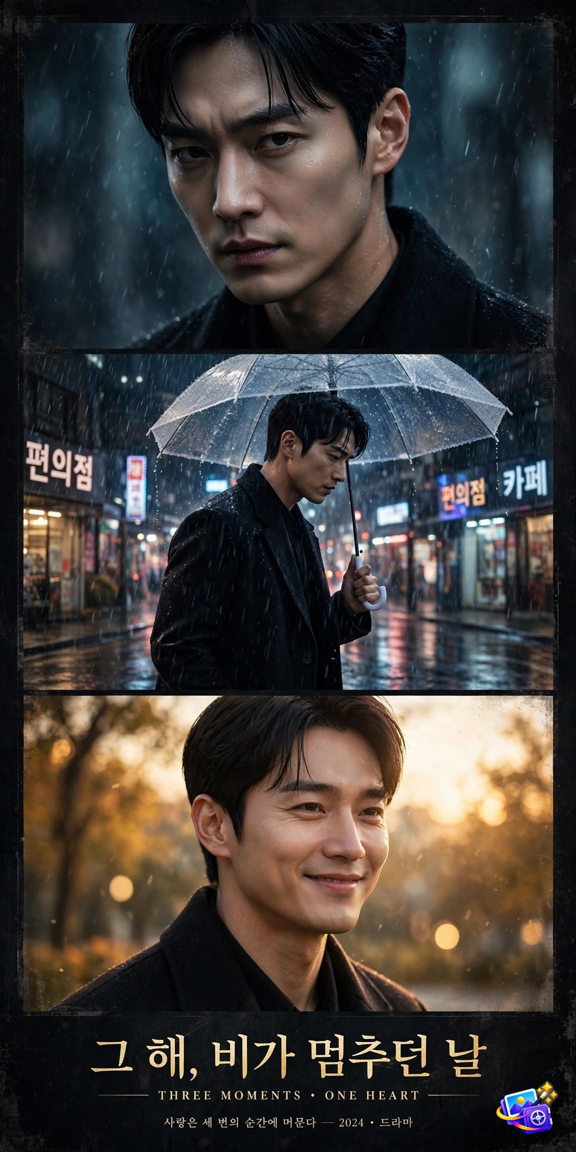 Movie poster style collage of a Korean man in three dramatic poses, k-drama style photo prompts example