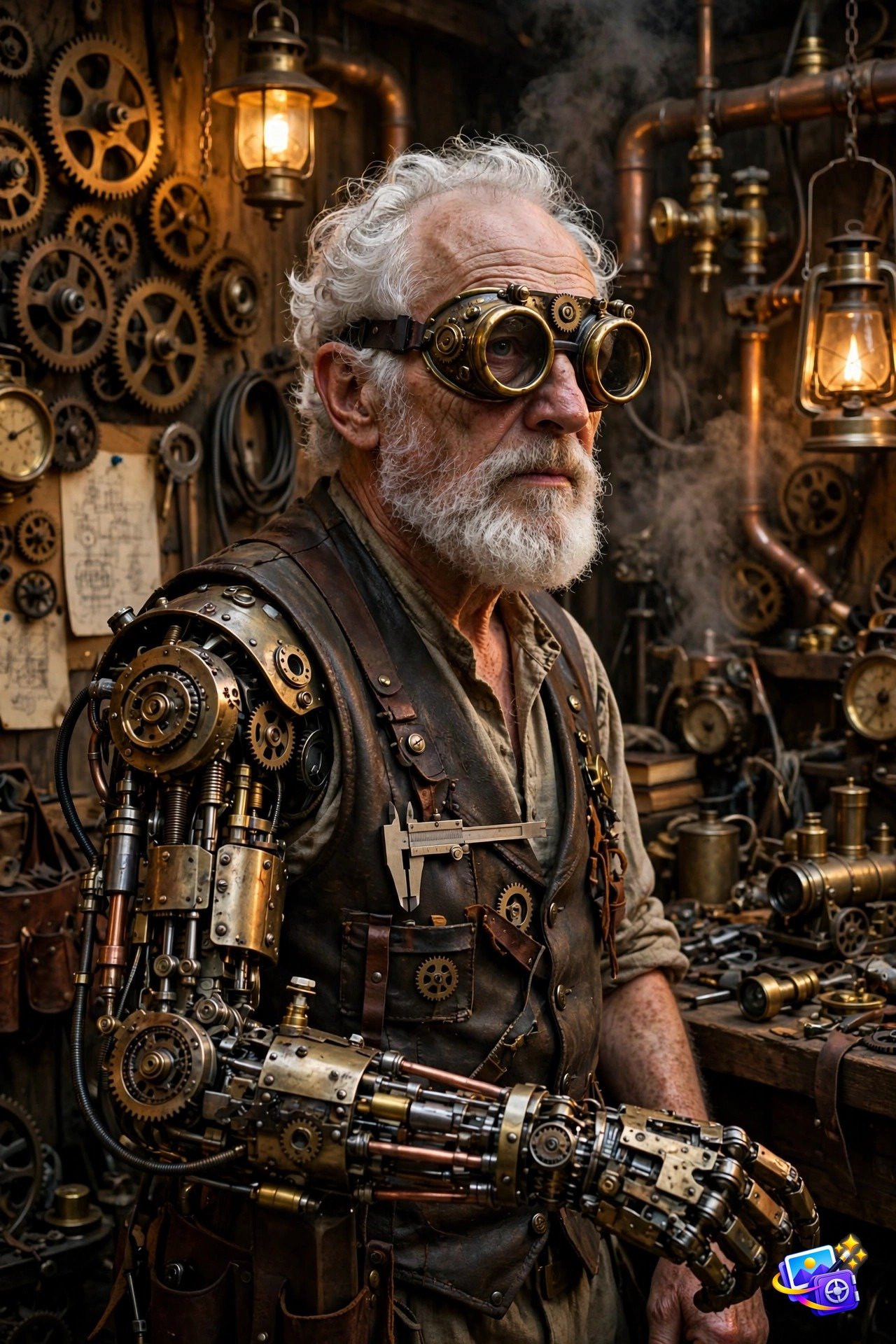 Steampunk inventor portrait generated with a cool AI image prompt, brass goggles in a gear-filled workshop