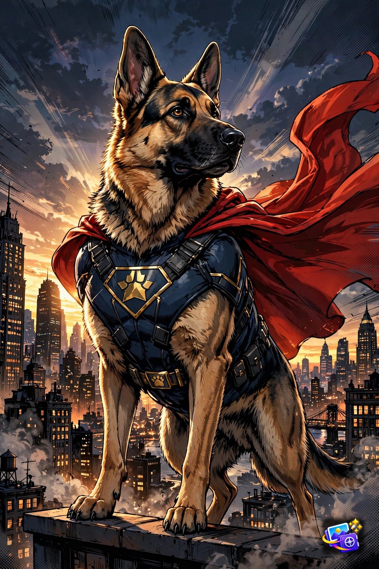 German shepherd dog superhero wearing a red cape with a city skyline at dusk, pet AI photo prompt example