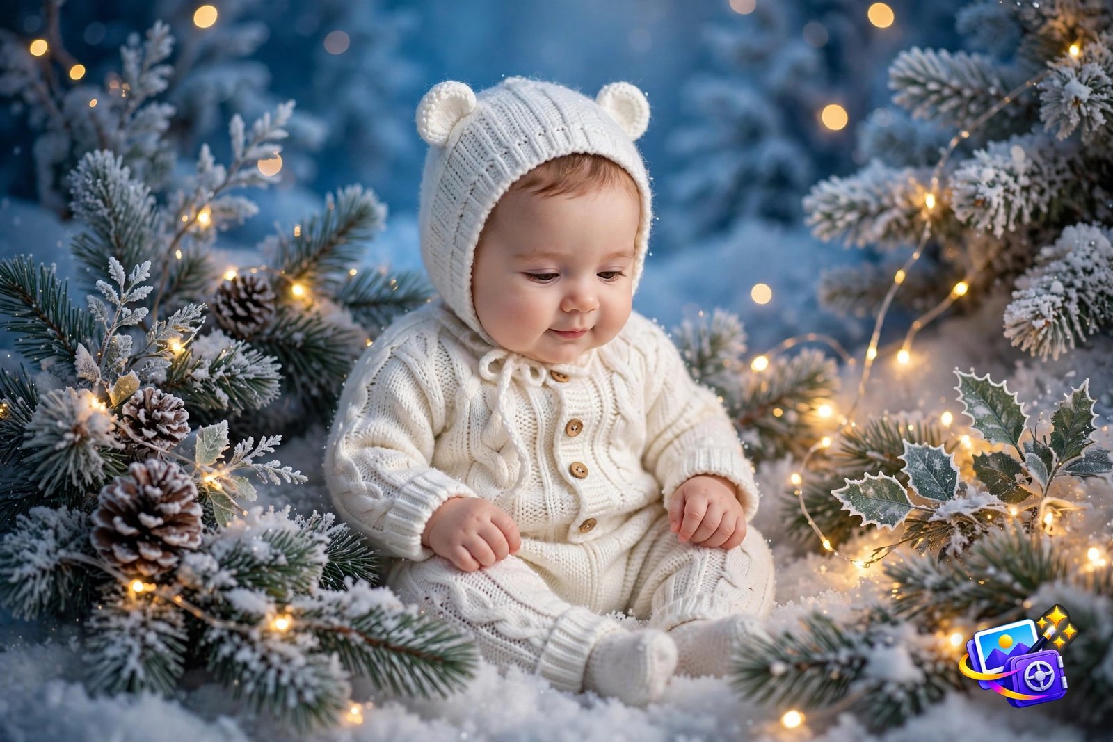 Baby in white winter knit with bear ear bonnet in snow, winter Gemini baby photoshoot prompt