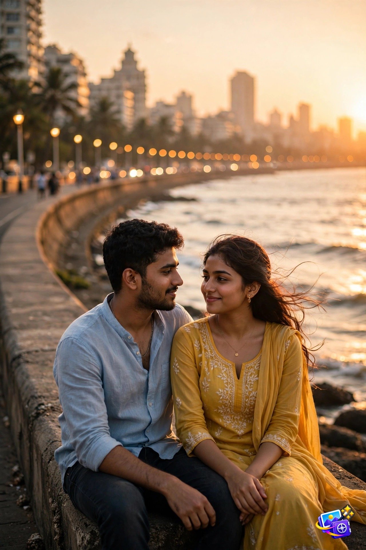 Indian couple sitting on the Marine Drive seawall at sunset with the Queen's Necklace coastline behind, bollywood style ai photo prompts example