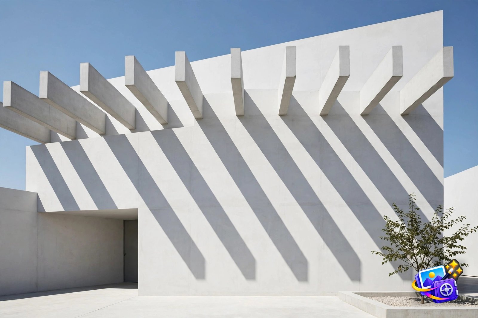Minimalist architecture photo generated with a good AI image prompt, white concrete building with geometric shadows