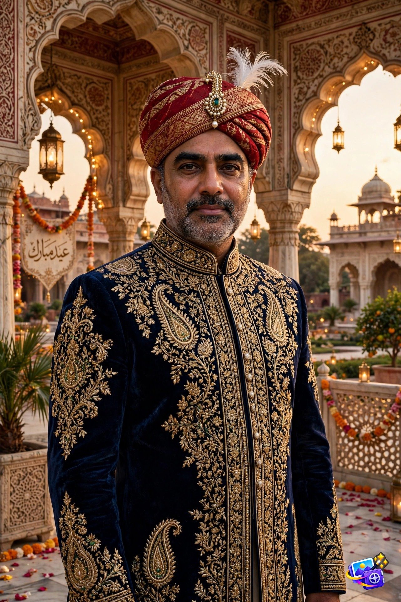 Man in Mughal era sherwani with turban in a palace courtyard, royal Eid AI photo prompt