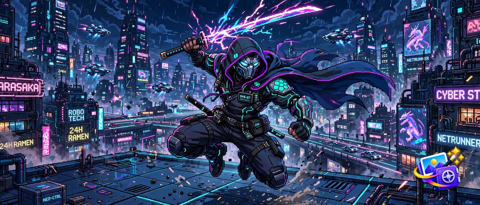 Pixel art cyber-ninja avatar made with a cool AI image prompt, 16-bit retro style on a neon rooftop