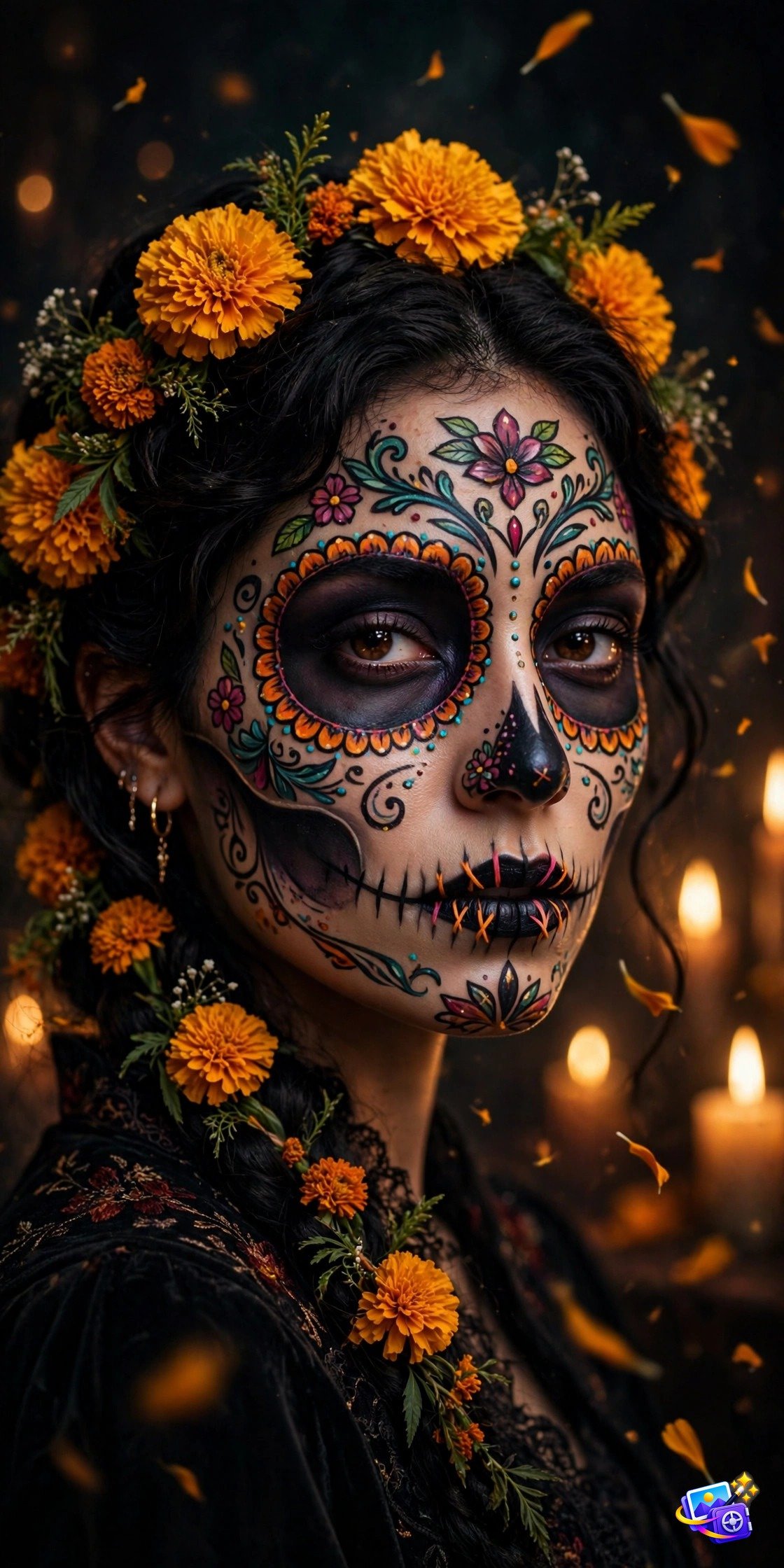 Woman with Day of the Dead sugar skull face makeup and marigold flowers, Halloween AI photo prompt example