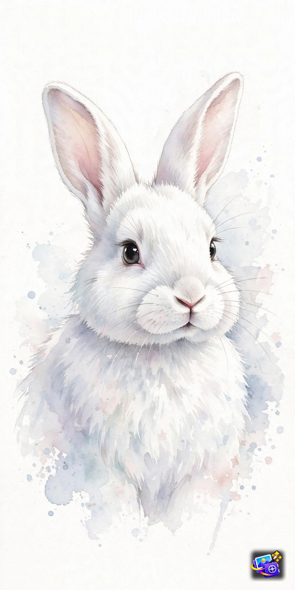 White rabbit watercolor illustration in soft pastels, pet AI photo prompt example