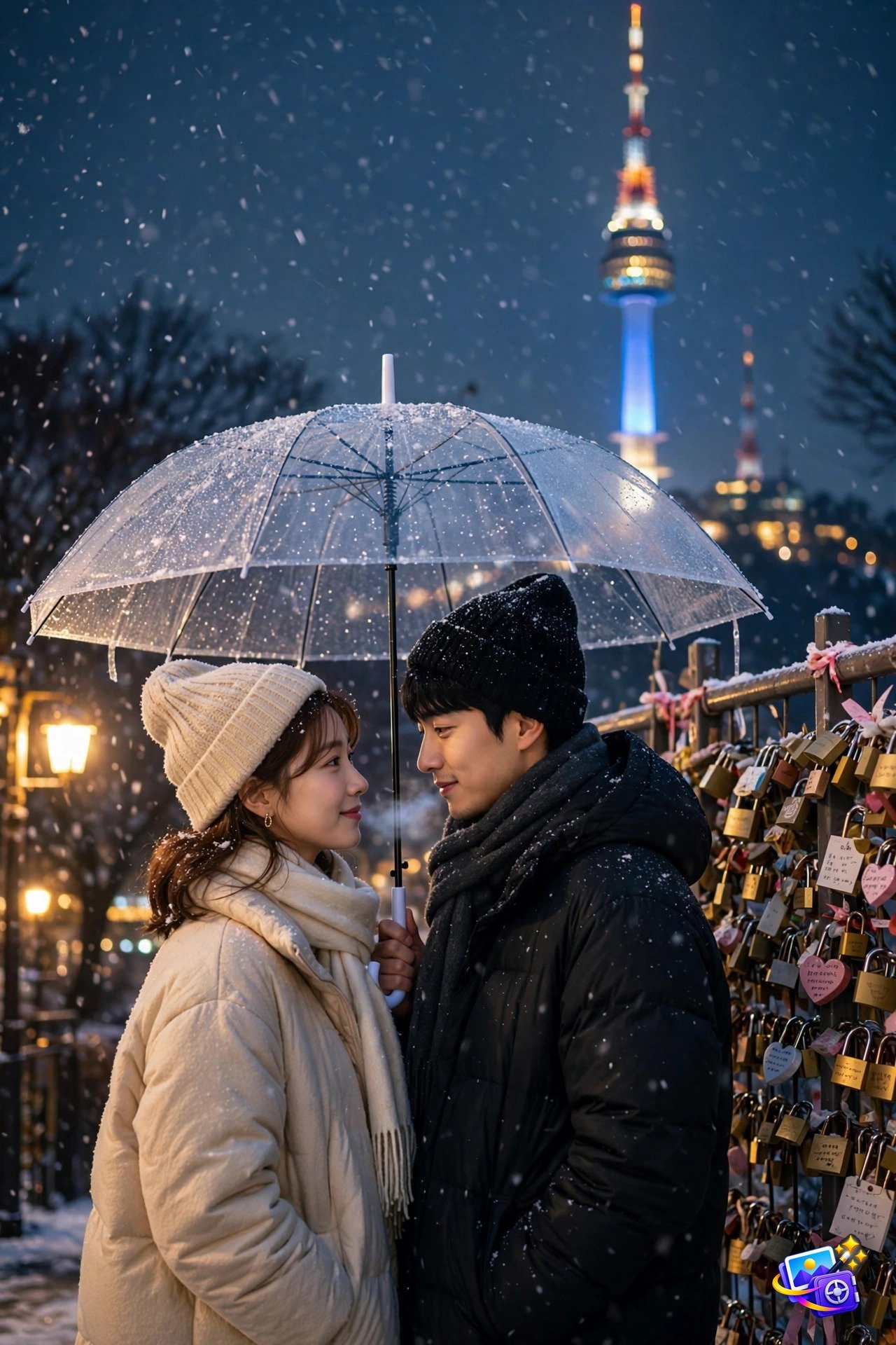 Korean couple sharing an umbrella in falling snow with N Seoul Tower glowing behind, k-drama style photo prompts example
