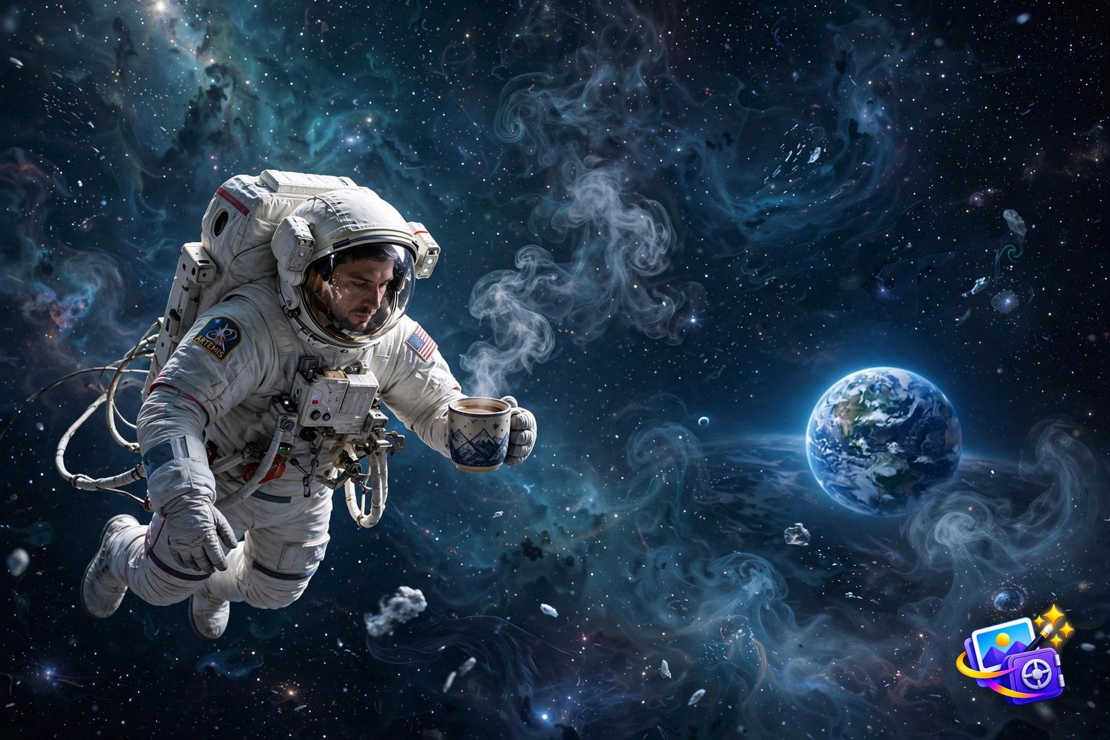 Astronaut drinking coffee in space, surreal art made with a good AI image prompt, Earth glowing behind