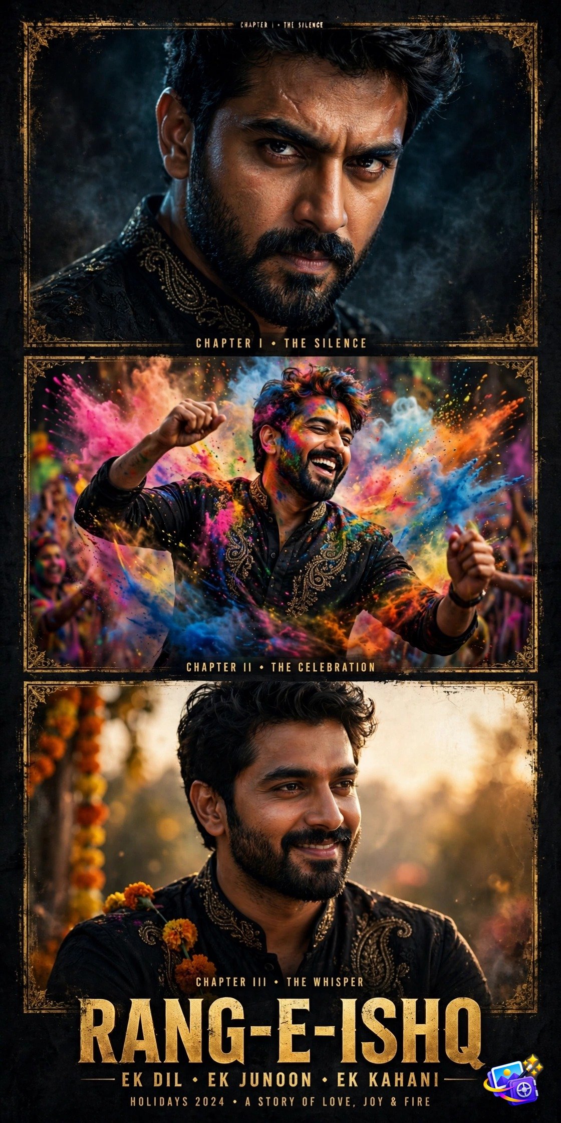 Movie poster style collage of an Indian man in three dramatic poses including Holi colors, bollywood style ai photo prompts example