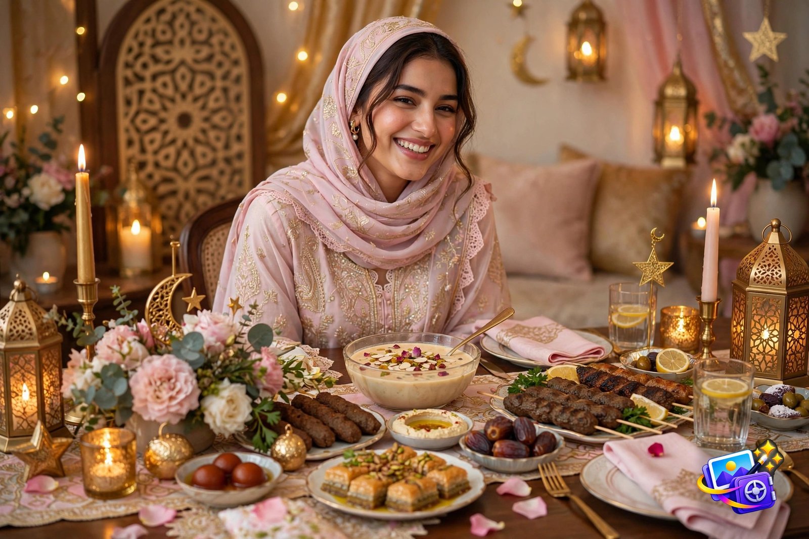 Woman in pastel pink Eid outfit at a lavish Eid dinner table, festive Eid AI photo prompt
