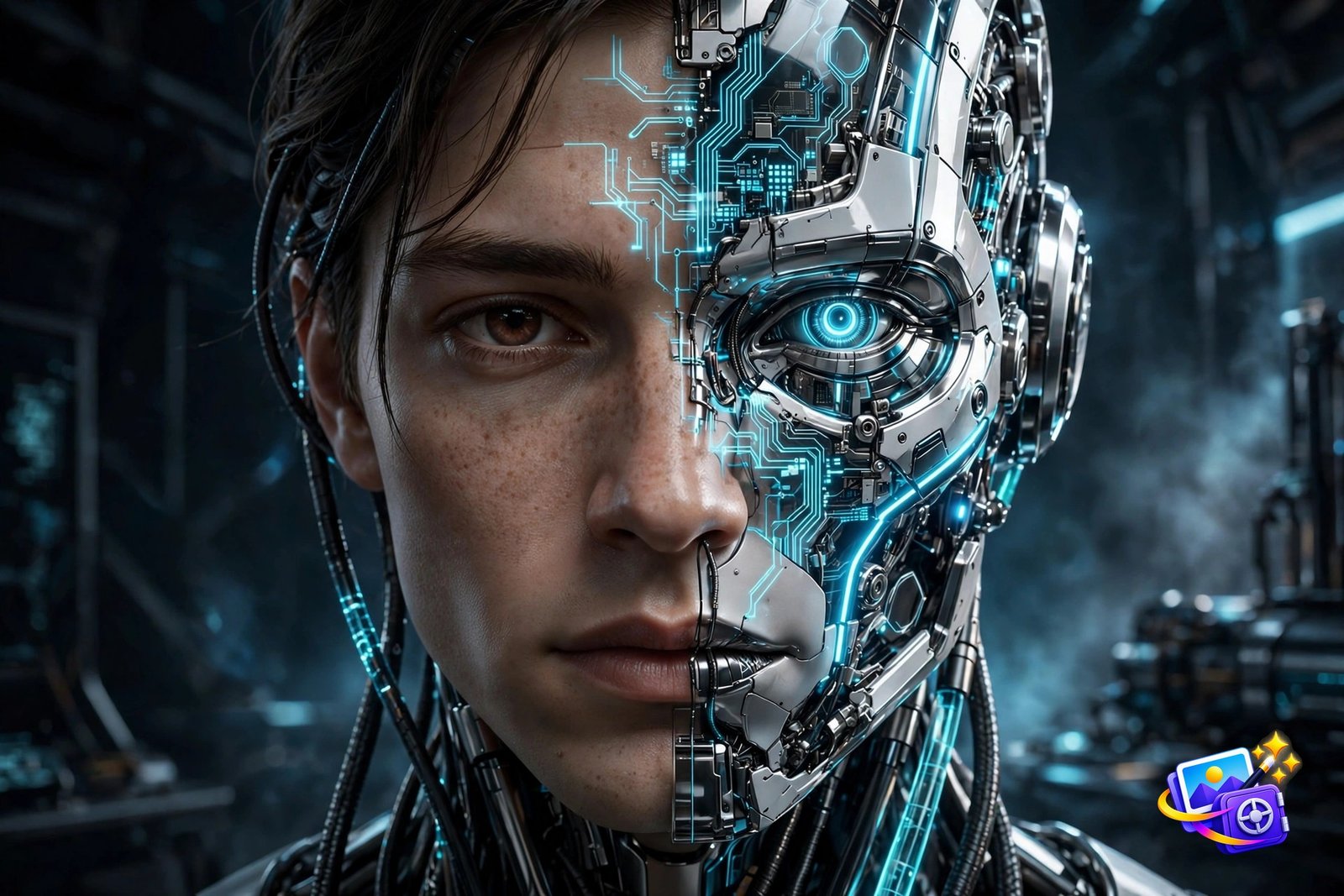 Futuristic android portrait generated with a cool AI image prompt, half-human half-machine face with glowing circuits