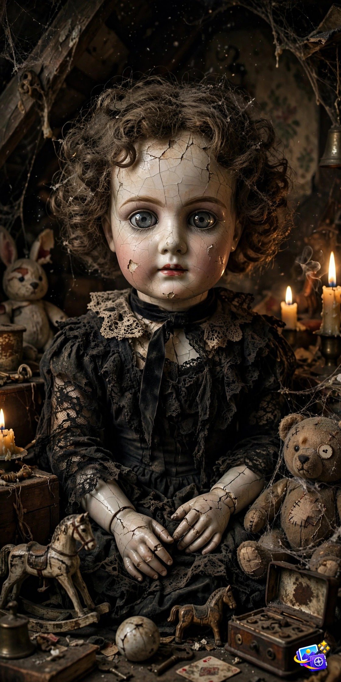 Creepy vintage porcelain doll come to life in a candlelit attic, Halloween AI photo prompt example