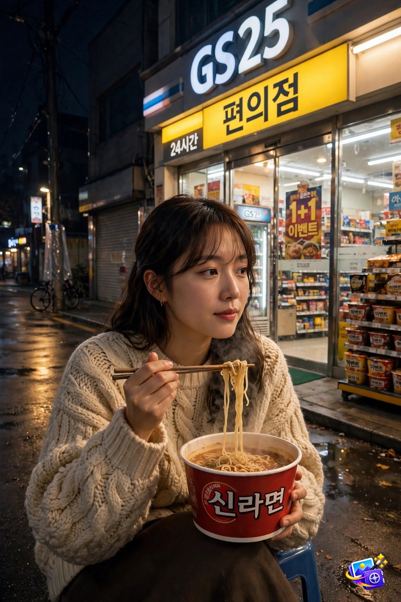 Young Korean woman eating cup ramyeon outside a glowing convenience store at night, k-drama style photo prompts example