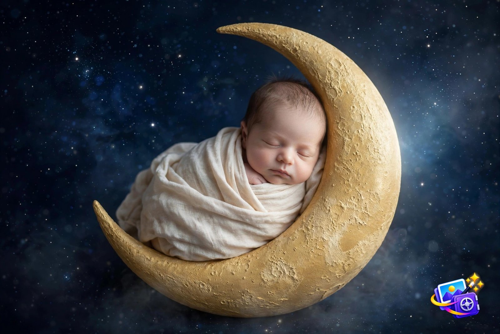 Sleeping newborn on a golden crescent moon with stars, celestial Gemini baby photoshoot prompt