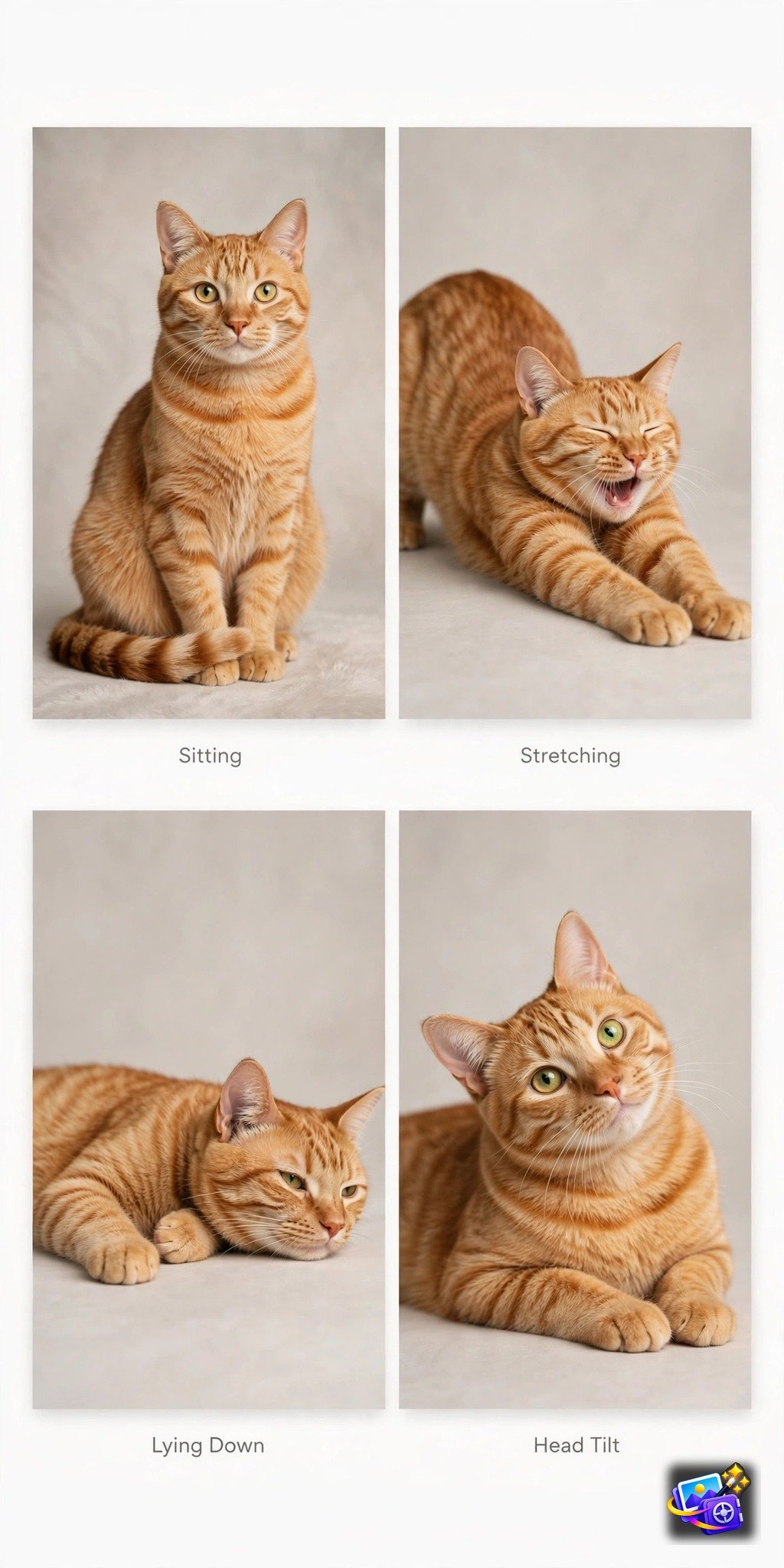 Orange tabby cat multi pose collage in a stylish 2x2 photo grid, pet AI photo prompt example