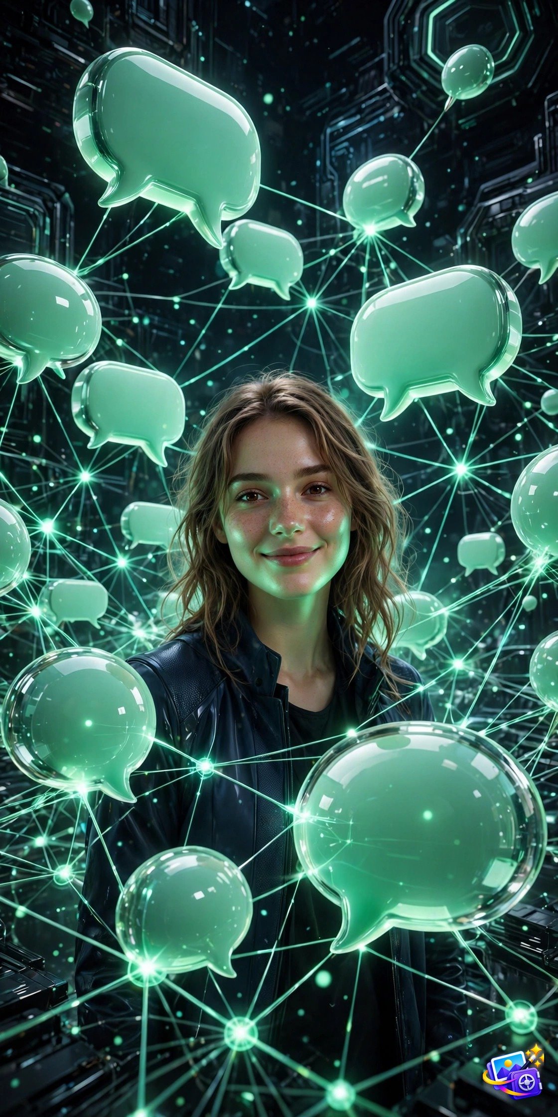Woman surrounded by glowing green 3D chat bubbles in a neural network world, created with 3d social media ai photo prompts