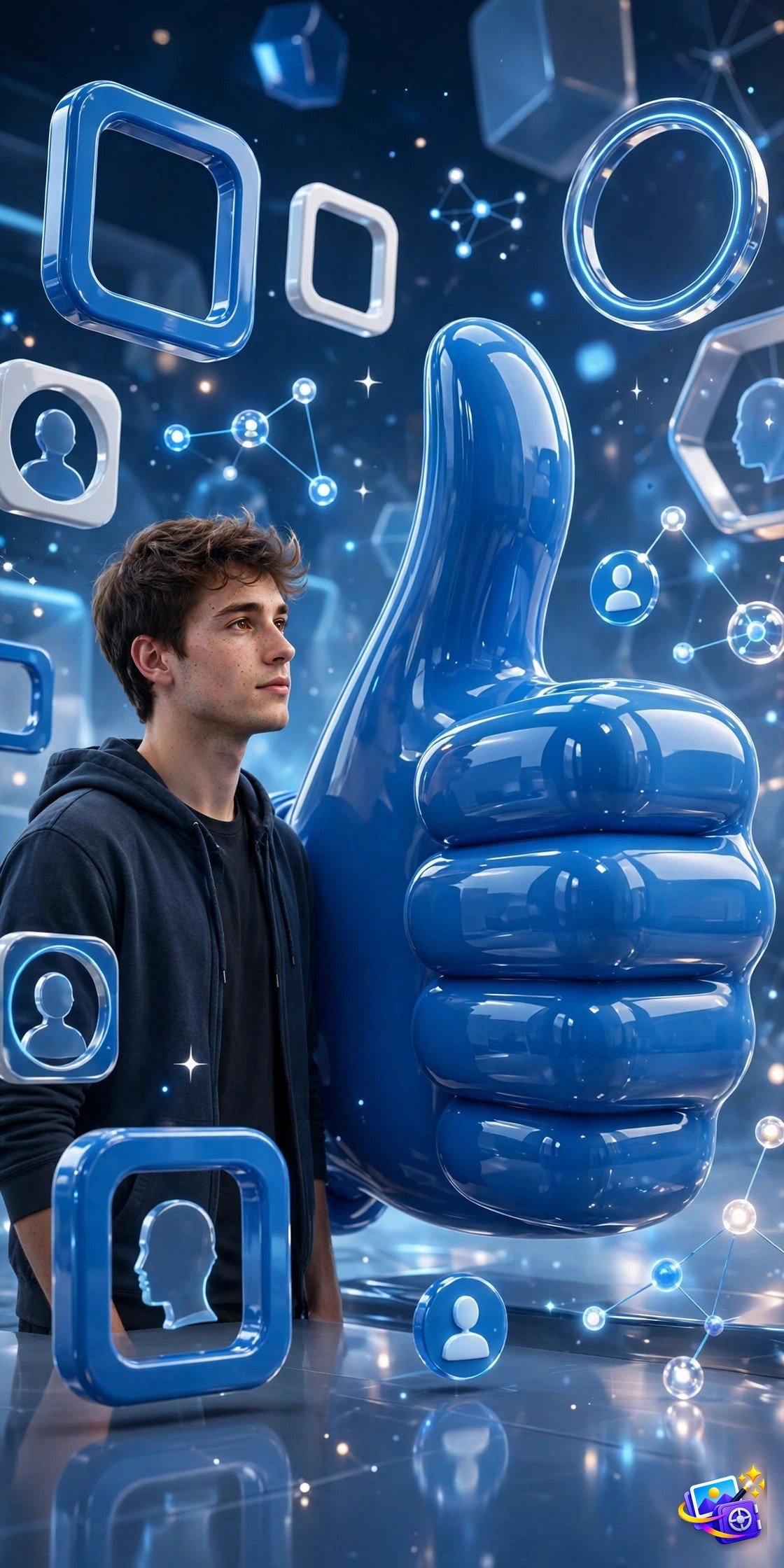 Man next to a giant blue 3D thumbs-up sculpture with floating profile frames, created with 3d social media ai photo prompts