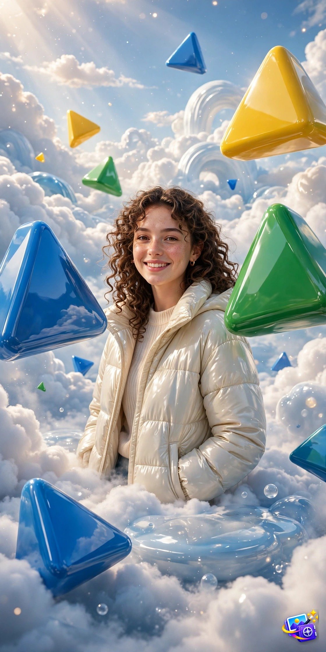 Woman among giant colorful 3D triangles floating in a bright cloud world, created with 3d social media ai photo prompts