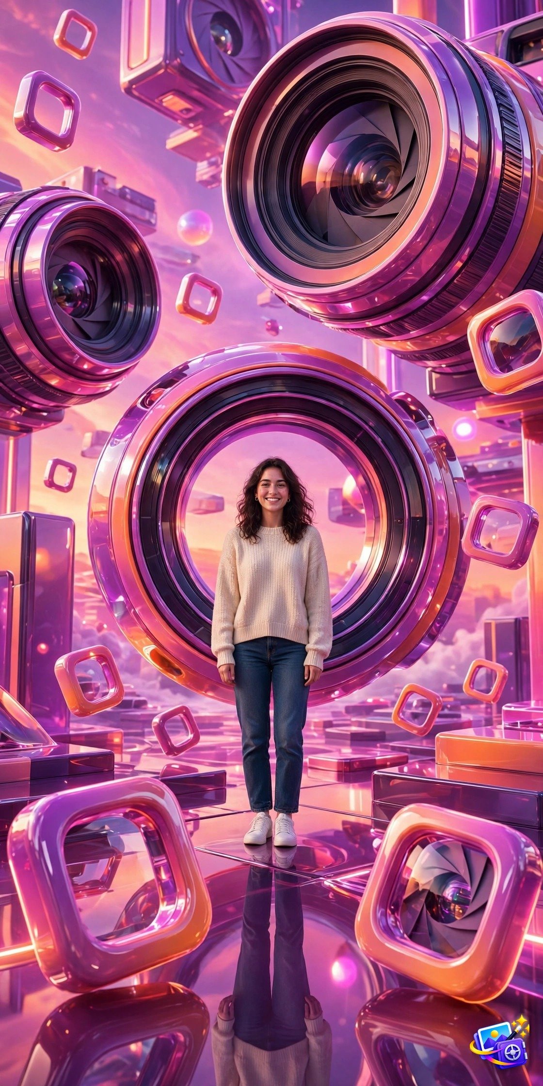 Woman in a pink purple orange gradient 3D world with giant camera lens rings, created with 3d social media ai photo prompts
