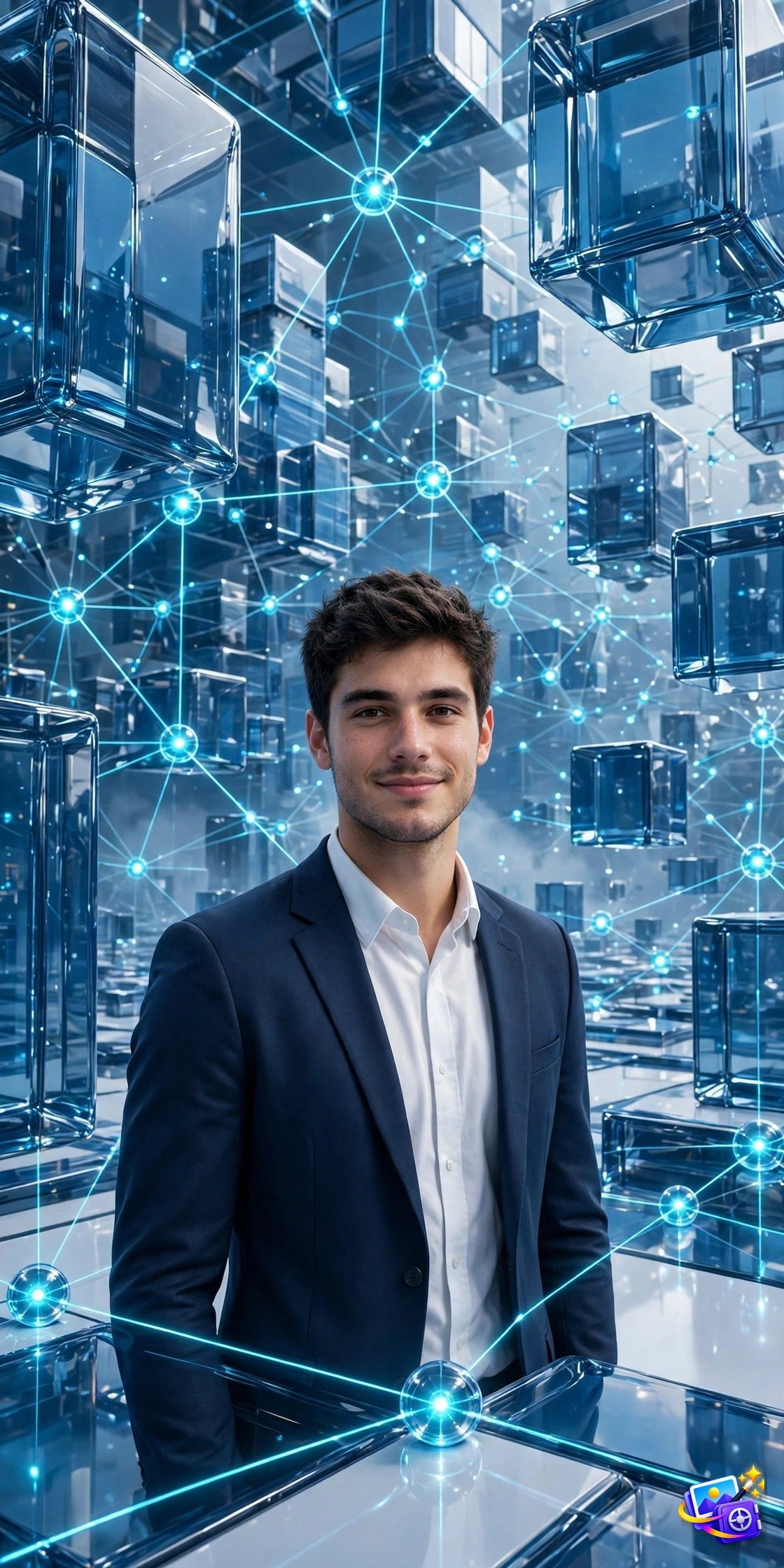 Professional man in a blue 3D network city with glowing connection nodes, created with 3d social media ai photo prompts