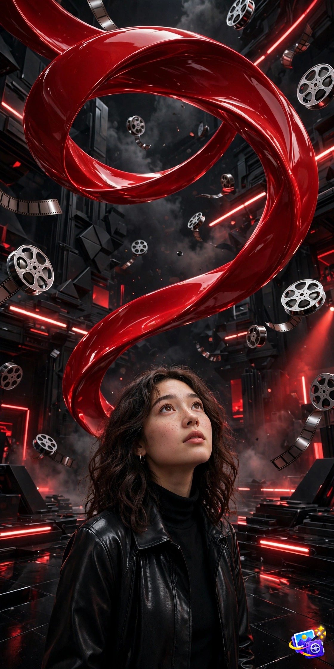 Woman under a giant red 3D ribbon sculpture with floating film reels, created with 3d social media ai photo prompts