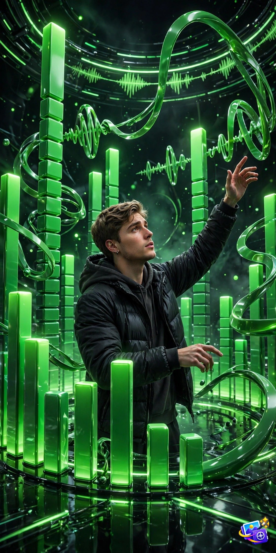 Man conducting glowing green 3D audio equalizer bars and sound waves, created with 3d social media ai photo prompts