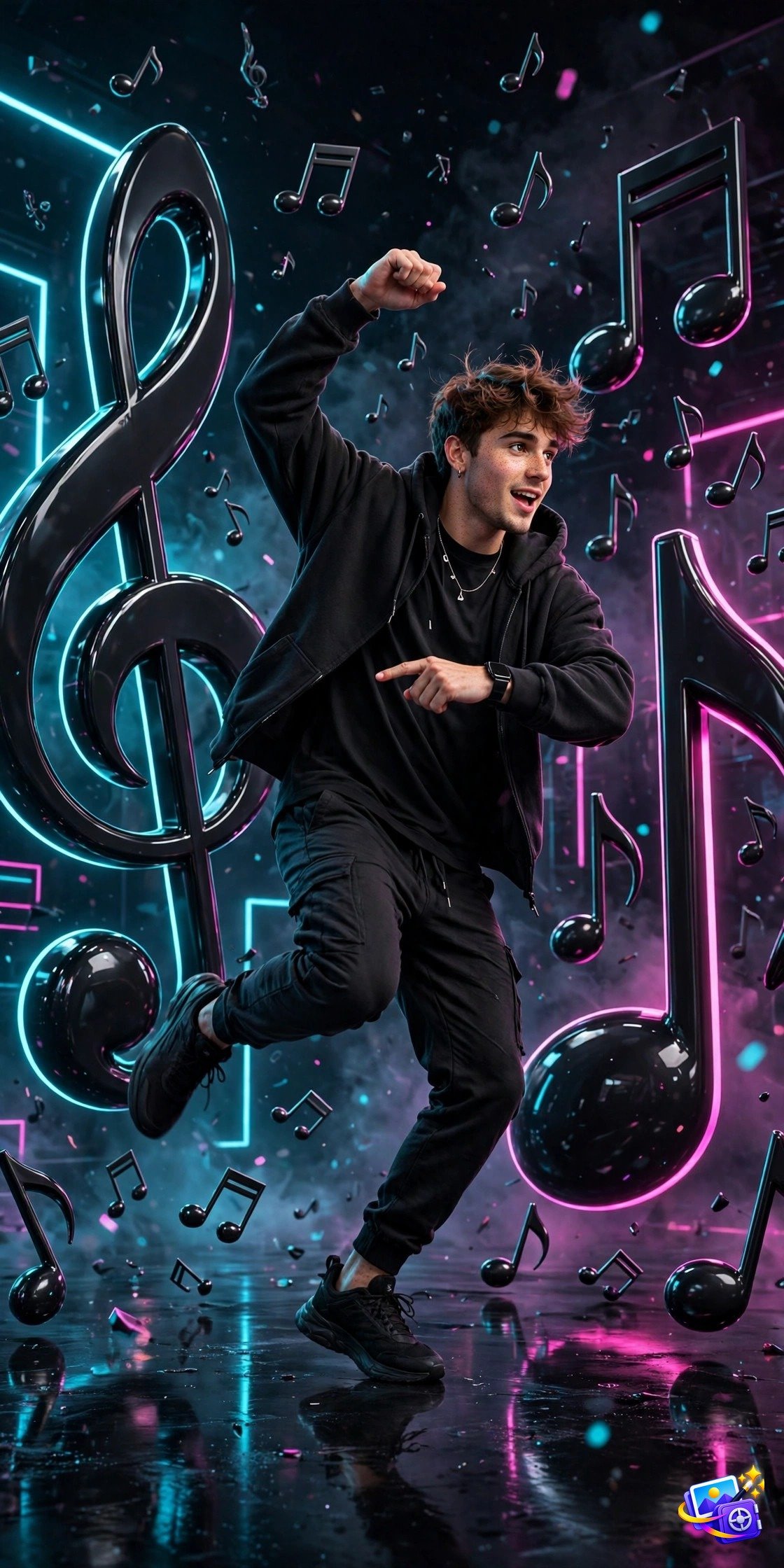 Man dancing among giant black 3D music notes with neon glow, created with 3d social media ai photo prompts