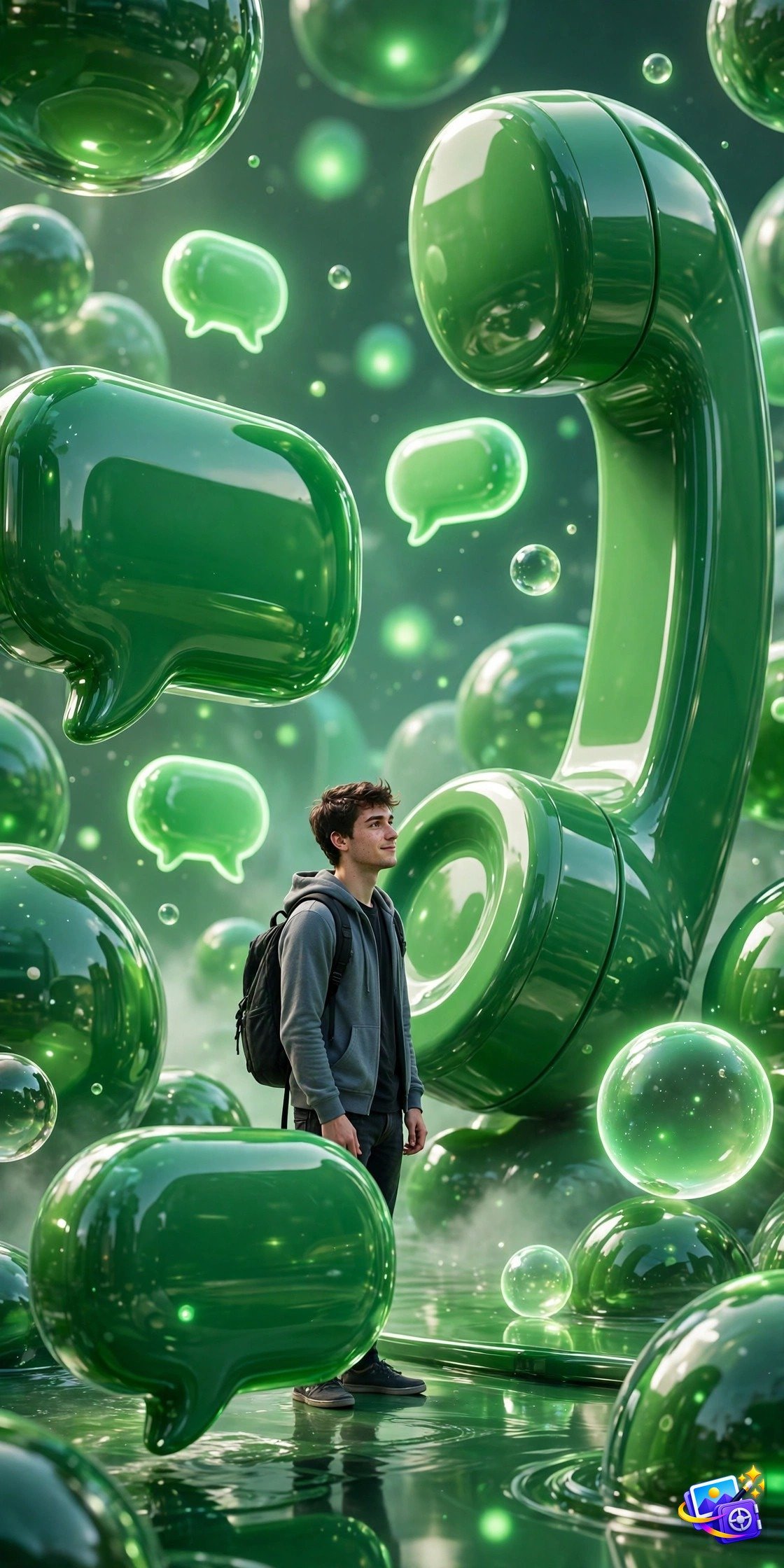 Man inside a giant green 3D chat bubble world with a phone handset sculpture, created with 3d social media ai photo prompts