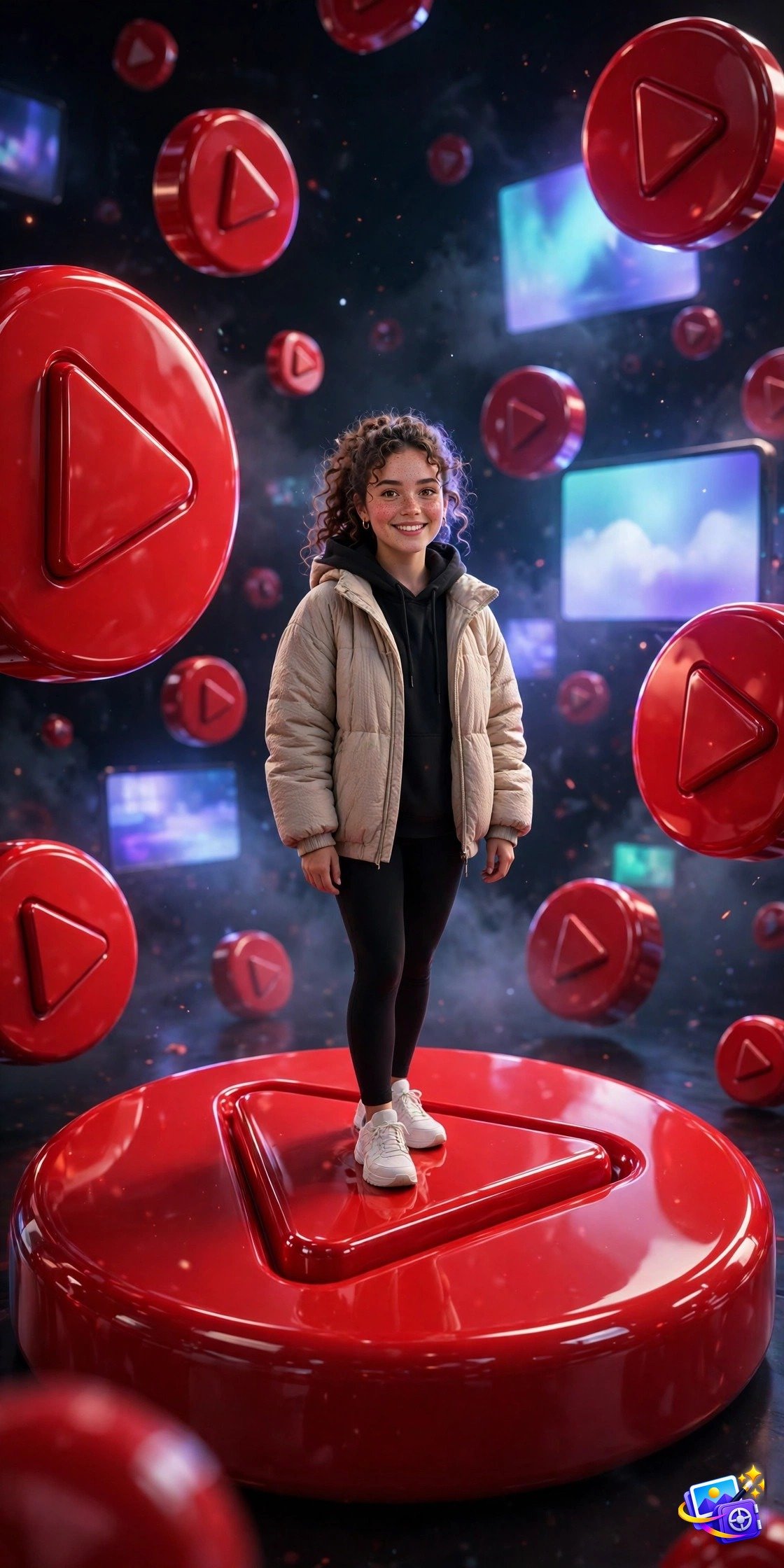 Woman standing on a giant red 3D play-button platform surrounded by floating play buttons, created with 3d social media ai photo prompts