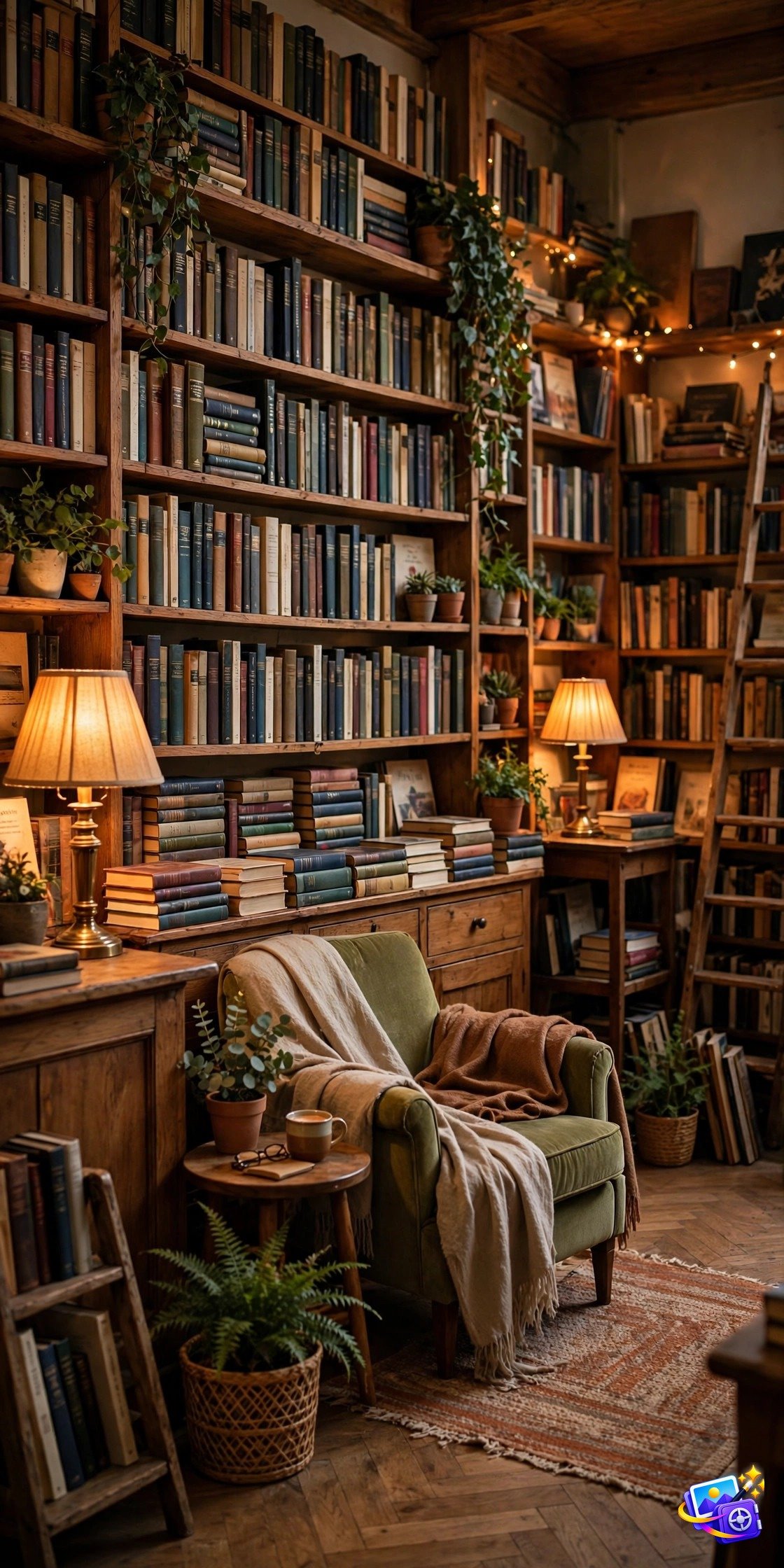 Ai image generation prompts cozy bookshop interior example with warm lamps