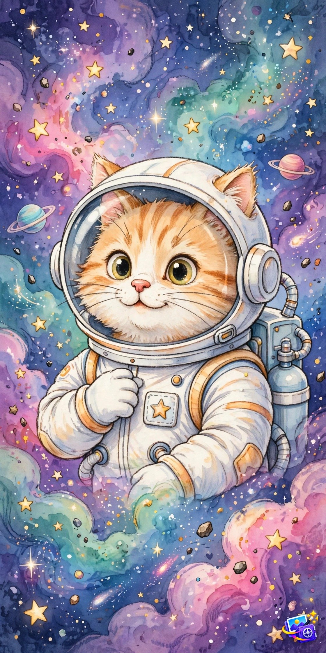 Ai image generation prompts cat astronaut example in colorful space