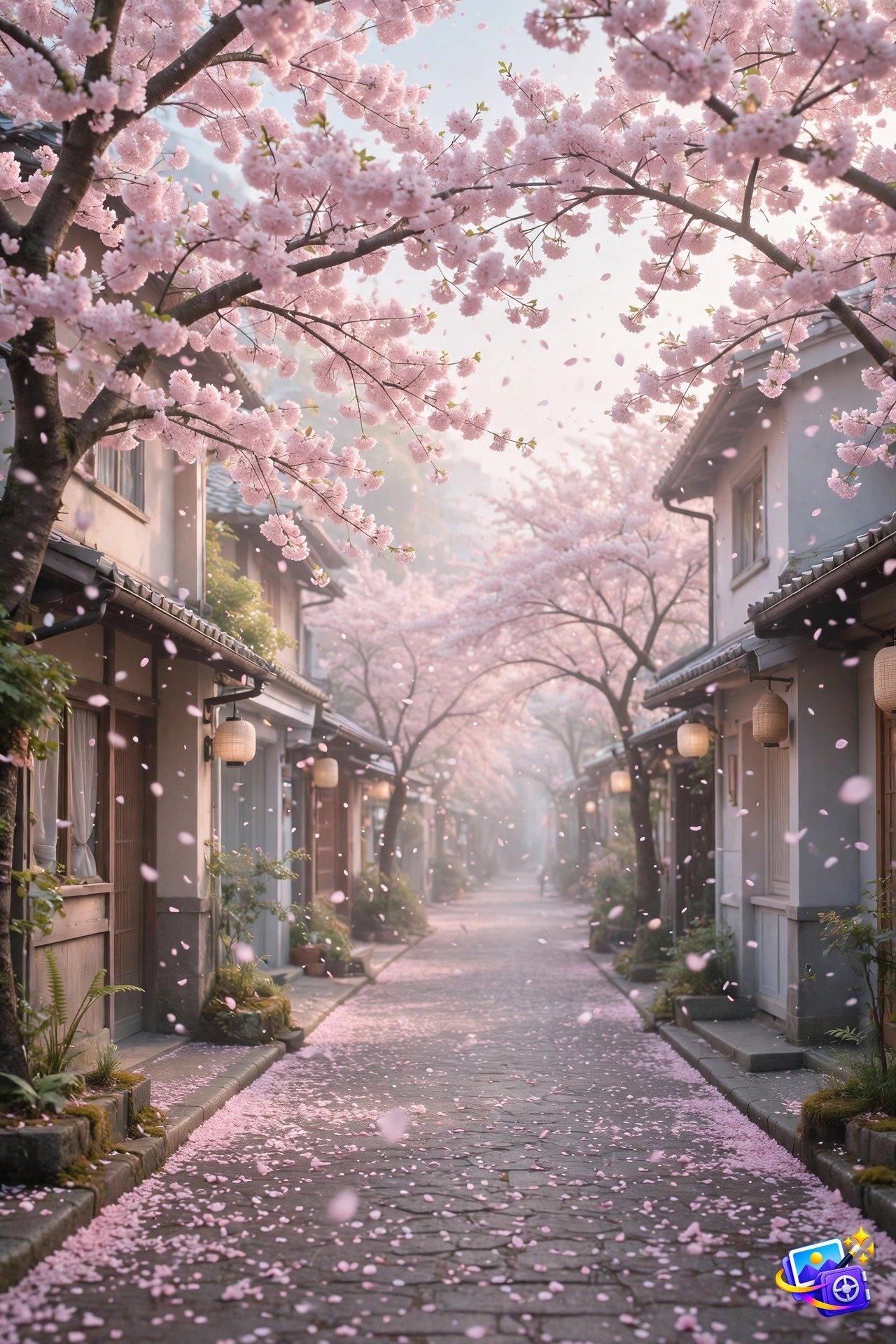 Ai image generation prompts cherry blossom street example with falling petals