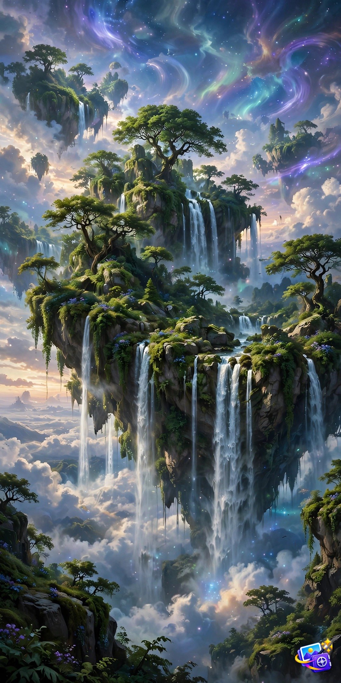 Ai image generation prompts floating island example with waterfalls