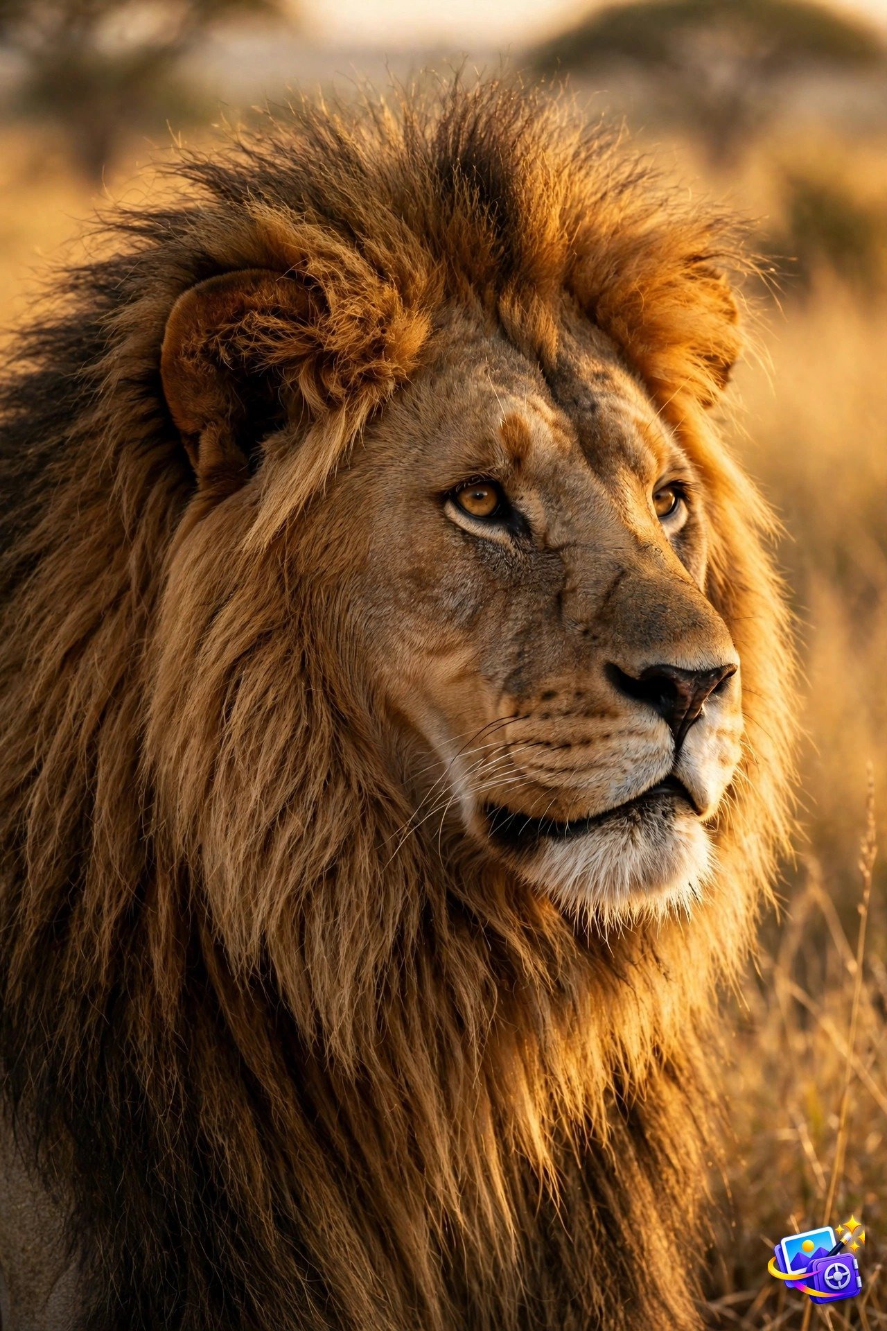 Ai image generation prompts lion portrait example in golden savanna light