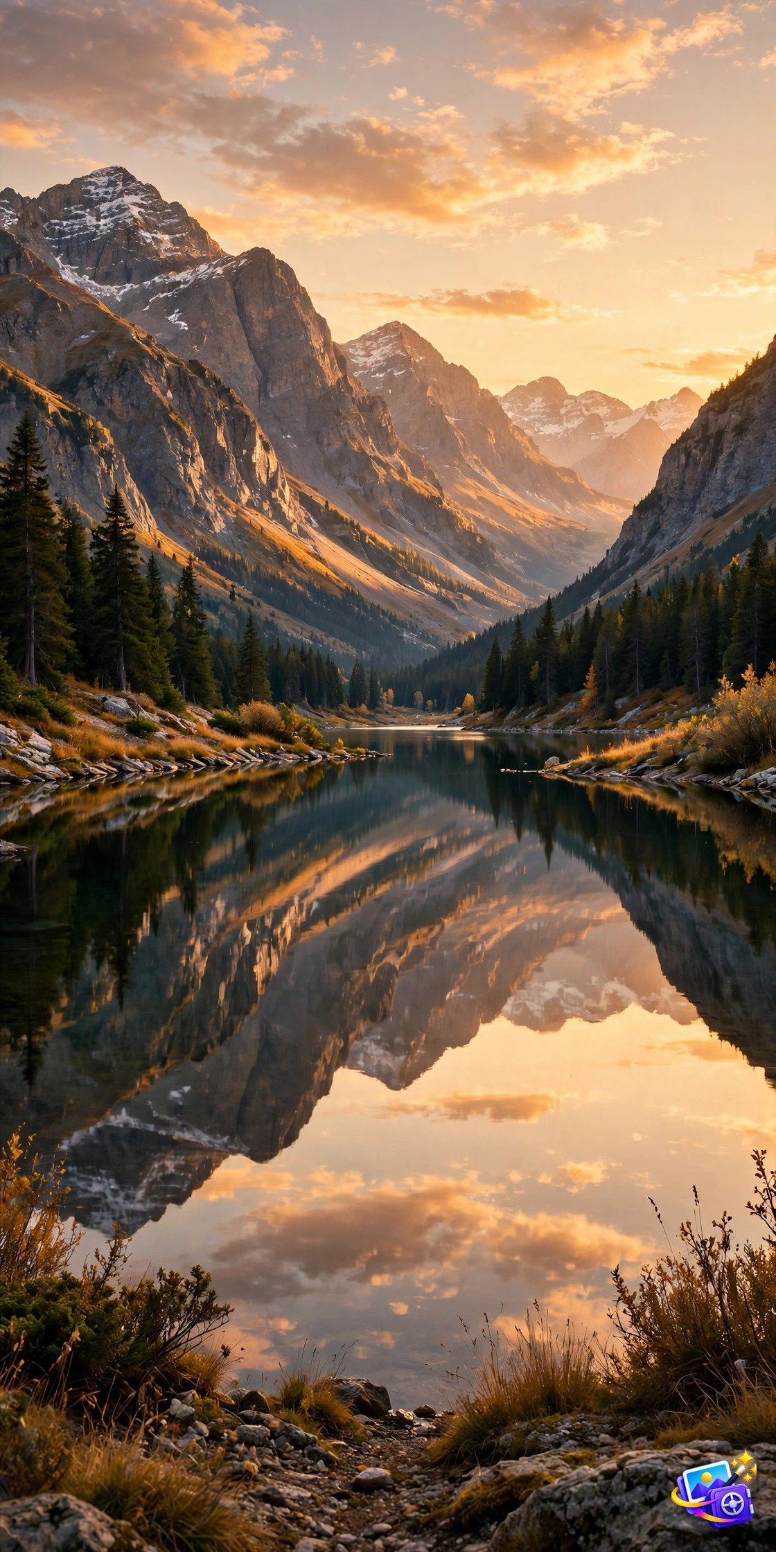 Ai image generation prompts golden hour mountain lake example with mirror reflections