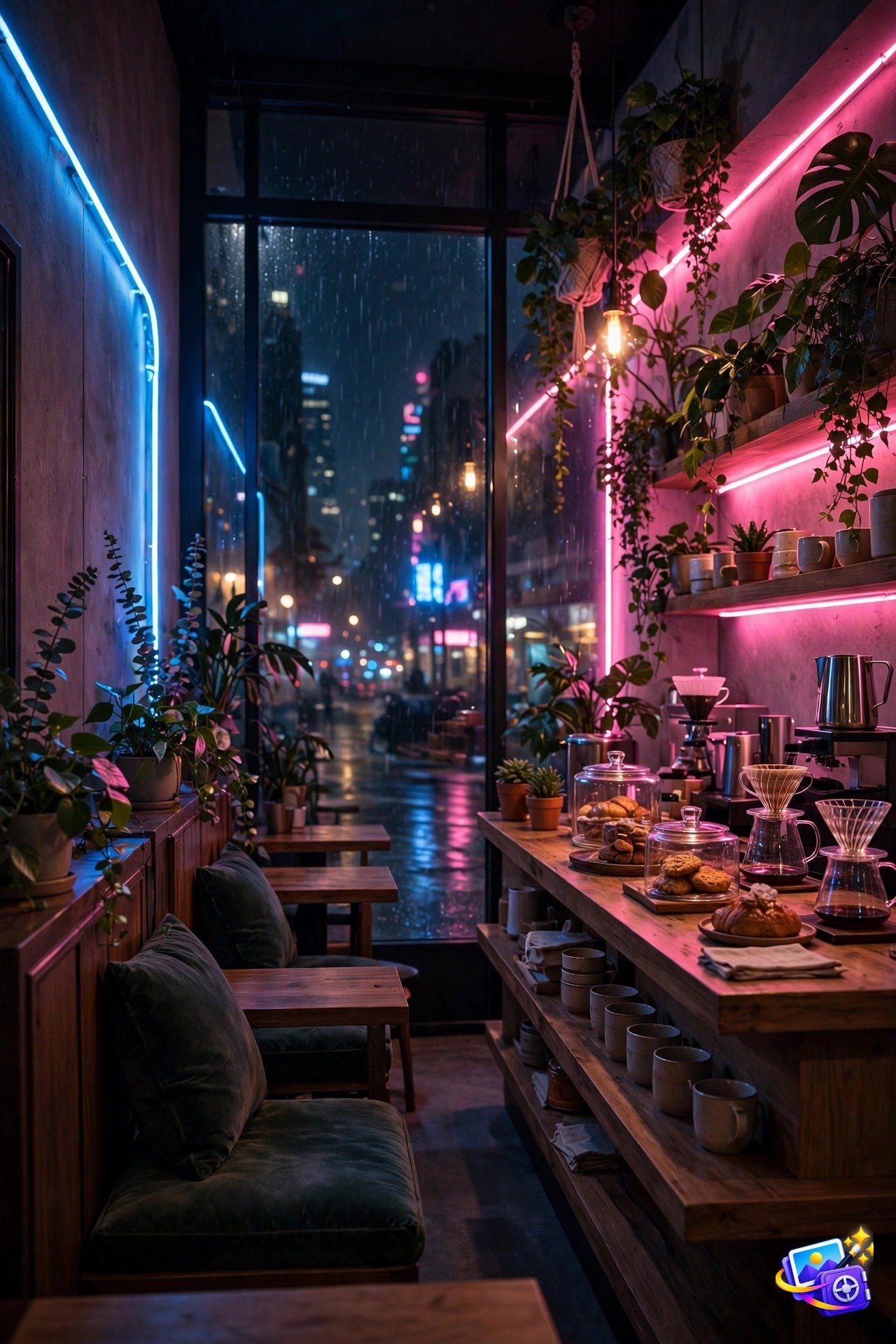 Ai image generation prompts neon cafe example with pink and blue glow