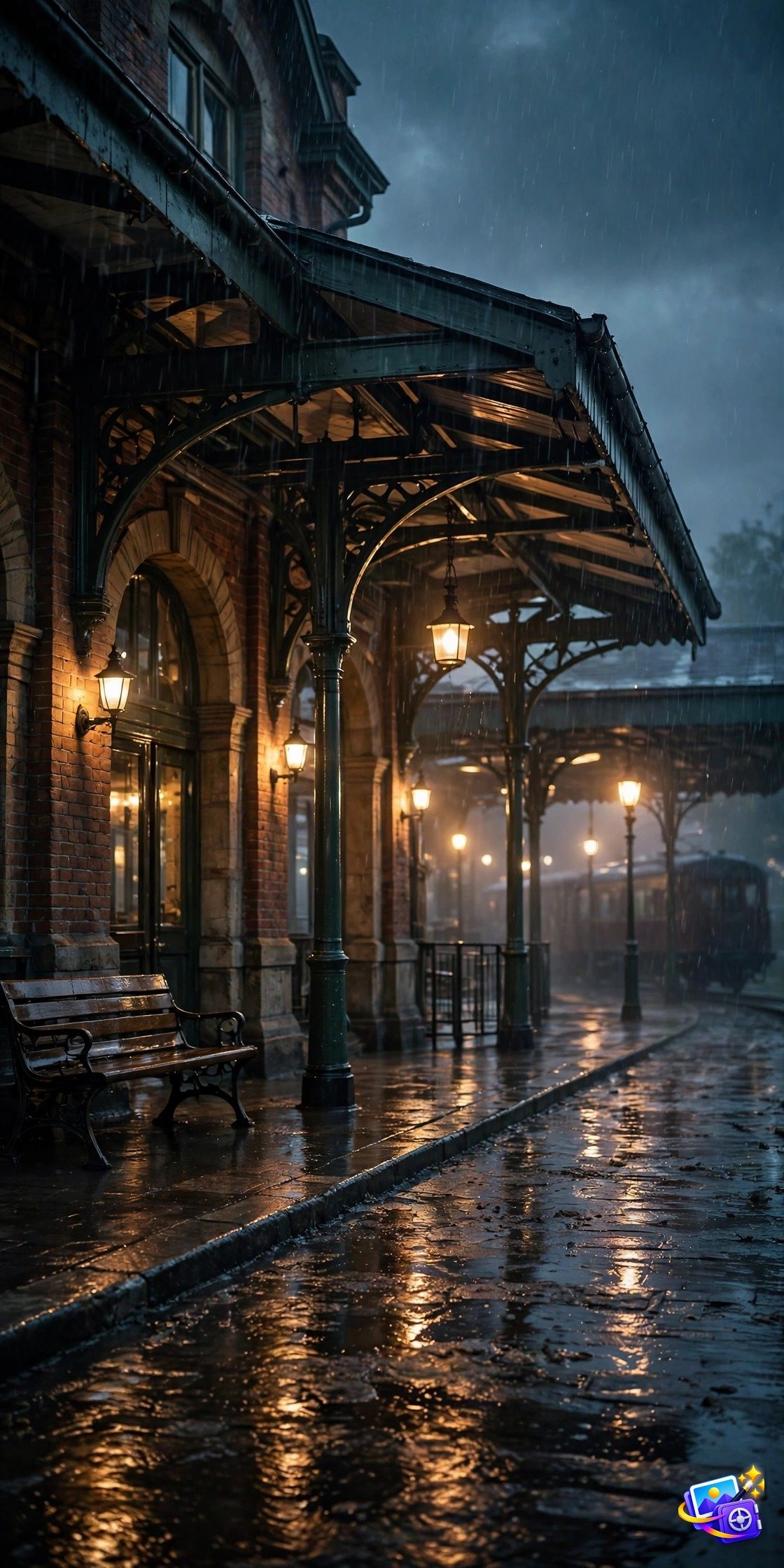 Ai image generation prompts rain station example with warm lamps at dusk