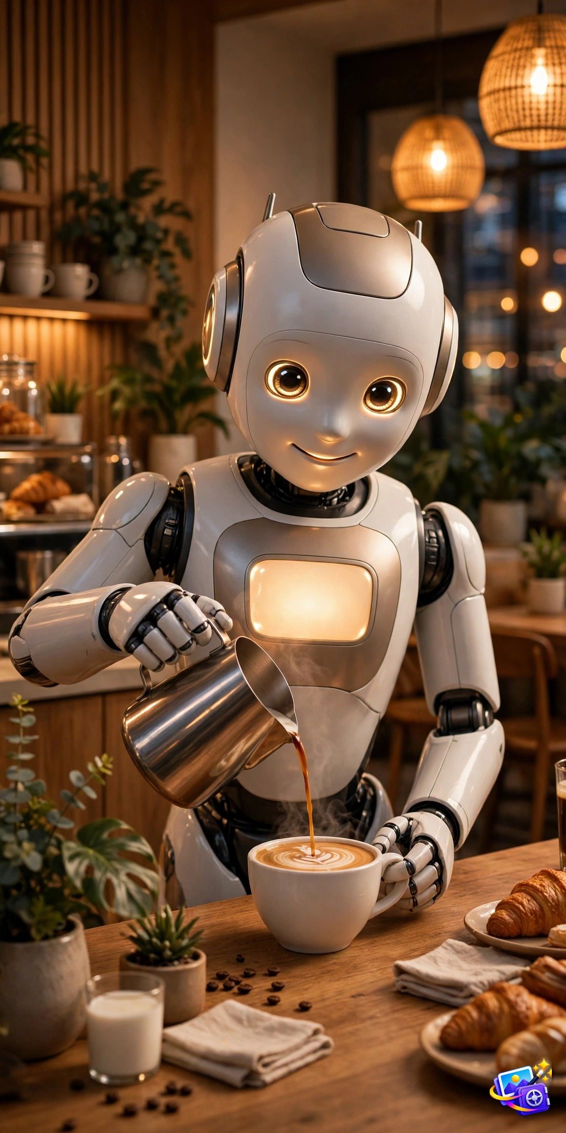 Ai image generation prompts robot barista example in a modern cafe