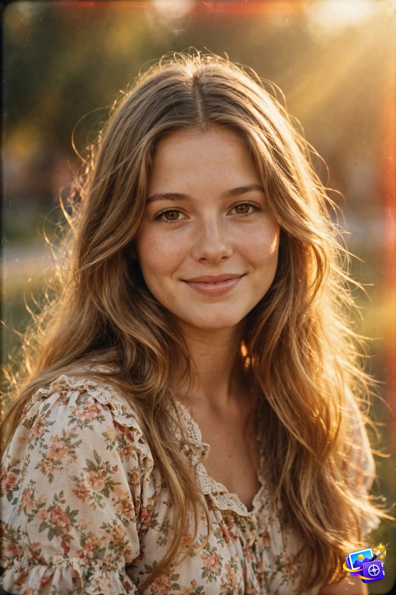 70s golden hour ai yearbook photo prompt example with floral blouse