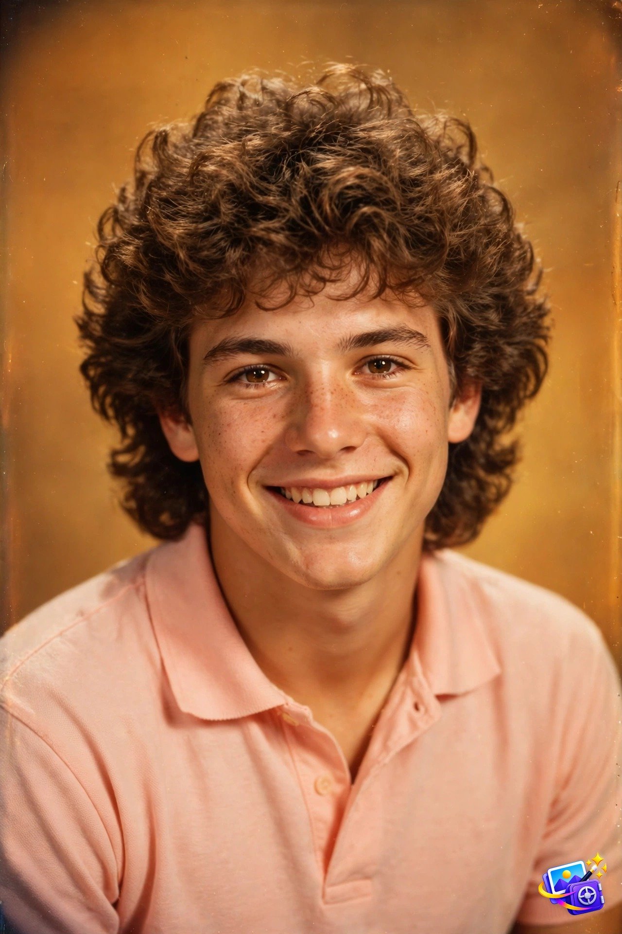 80s retro film yearbook photo prompt example with warm amber backdrop and curly hair